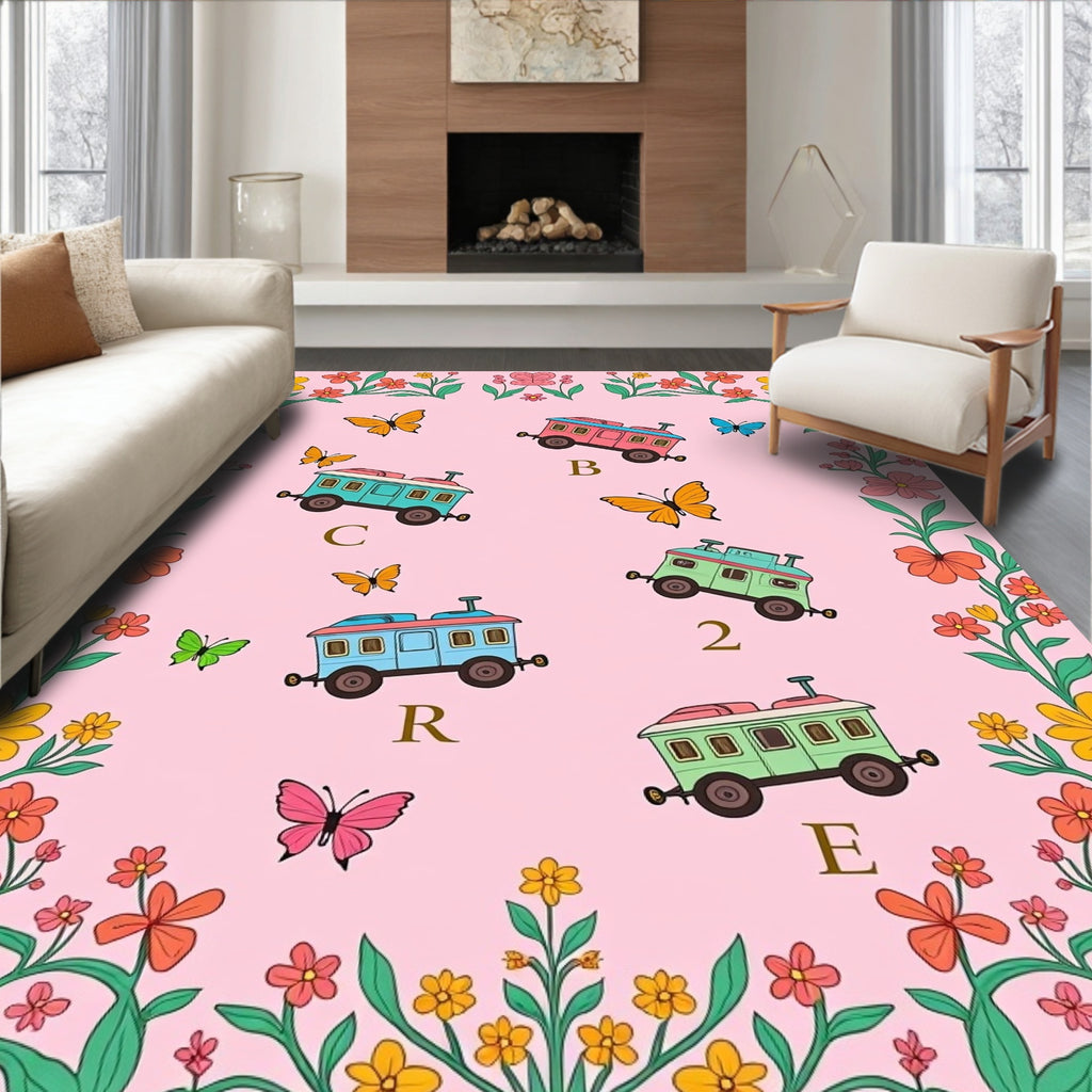 Pink Floral Whimsical Butterfly Train Rug