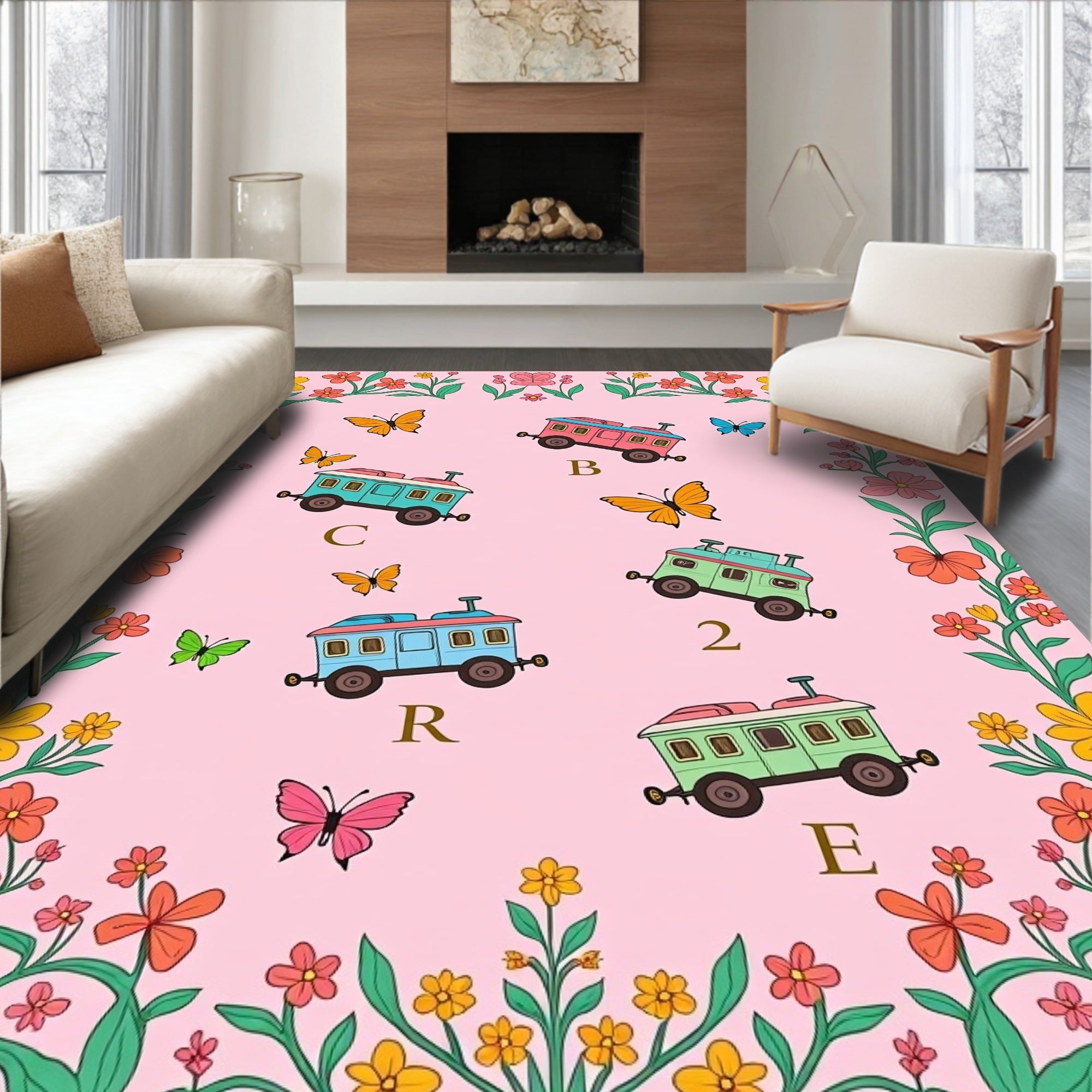 Pink Floral Whimsical Butterfly Train Rug