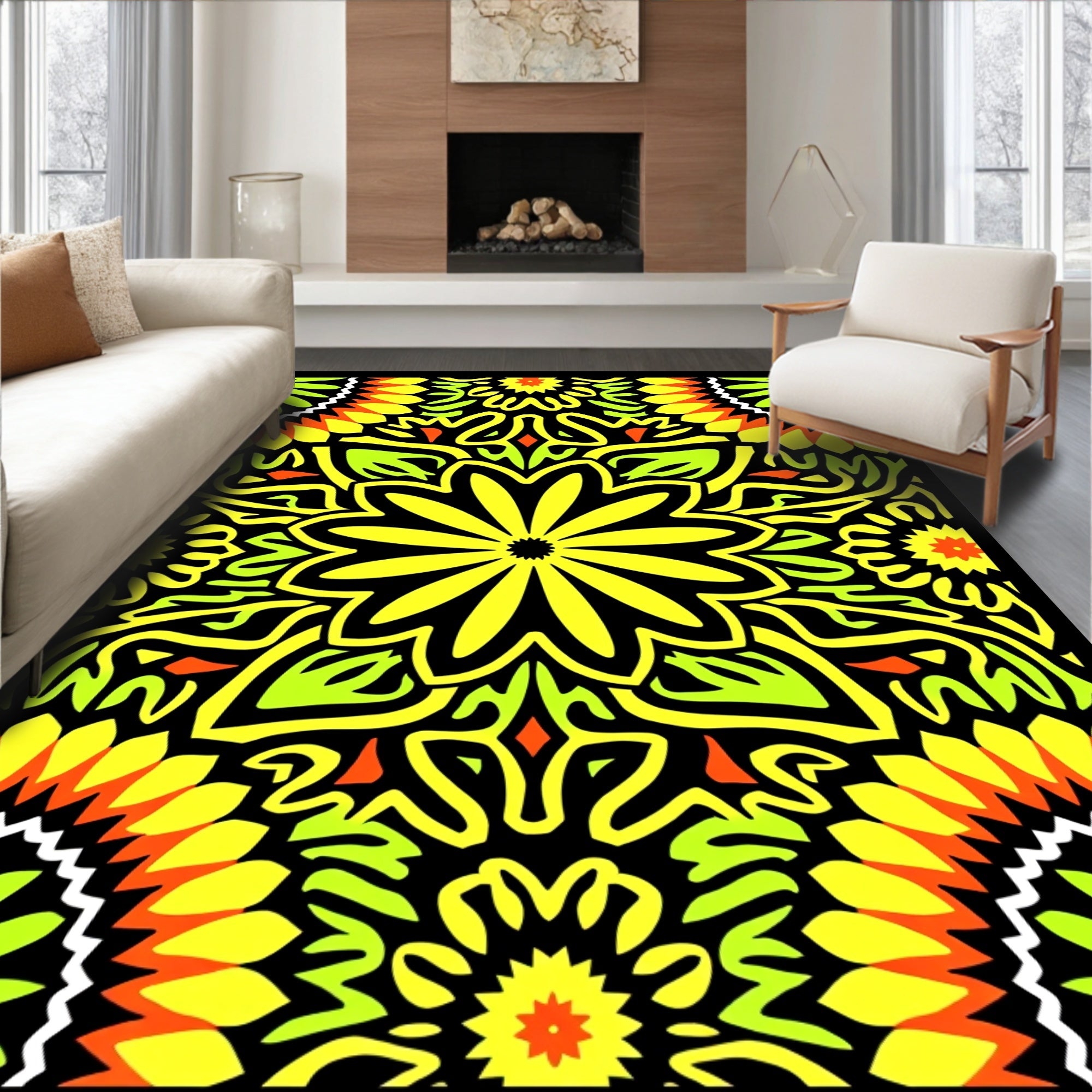 Vibrant Yellow Green Floral Mandala Rug