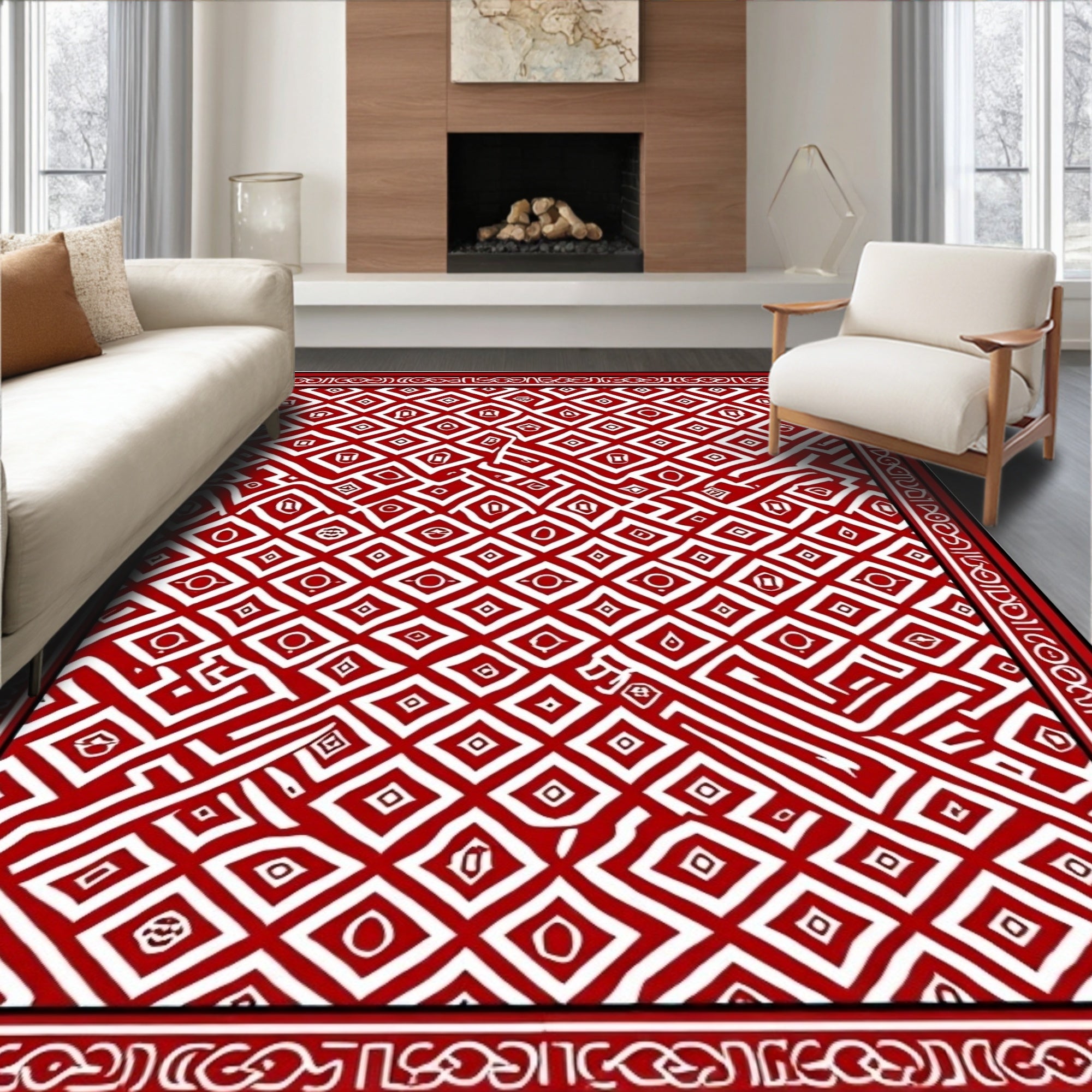 Red White Interlocking Diamond Maze Rug