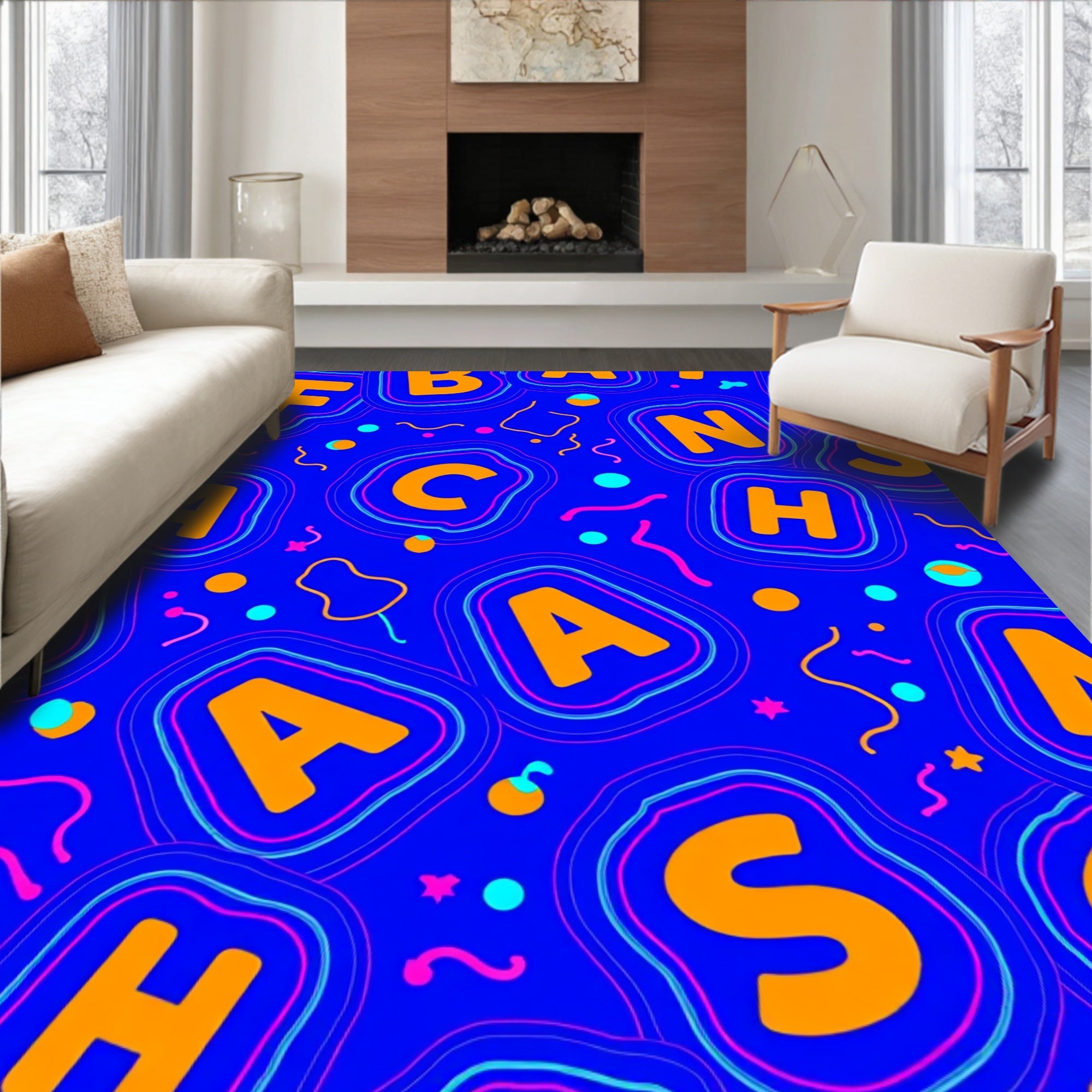 Bright Orange Alphabet Circles on Blue Rug