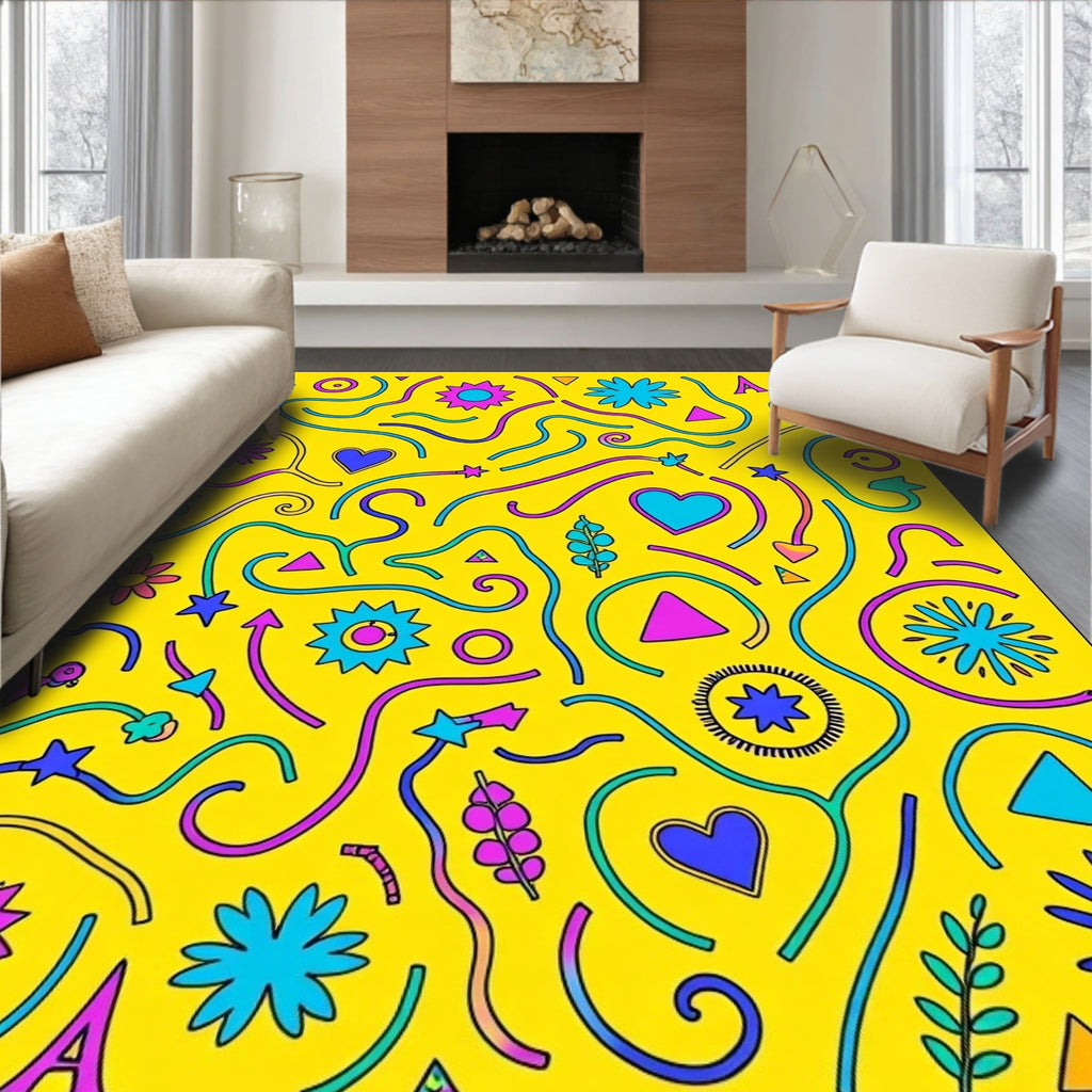 Vibrant Yellow Abstract Hearts Stars Rug