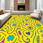 Vibrant Yellow Abstract Hearts Stars Rug