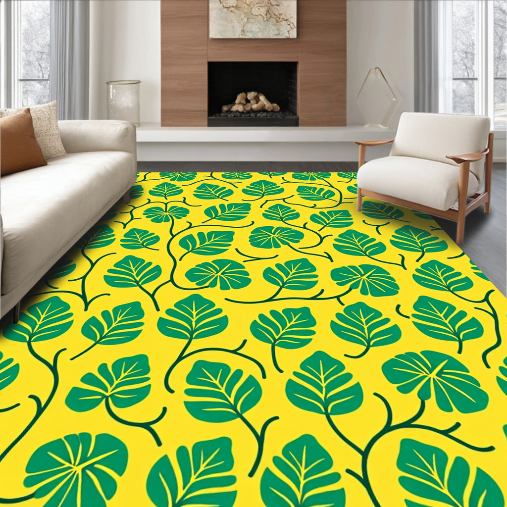Bold Green Leaf Vines Yellow Rug