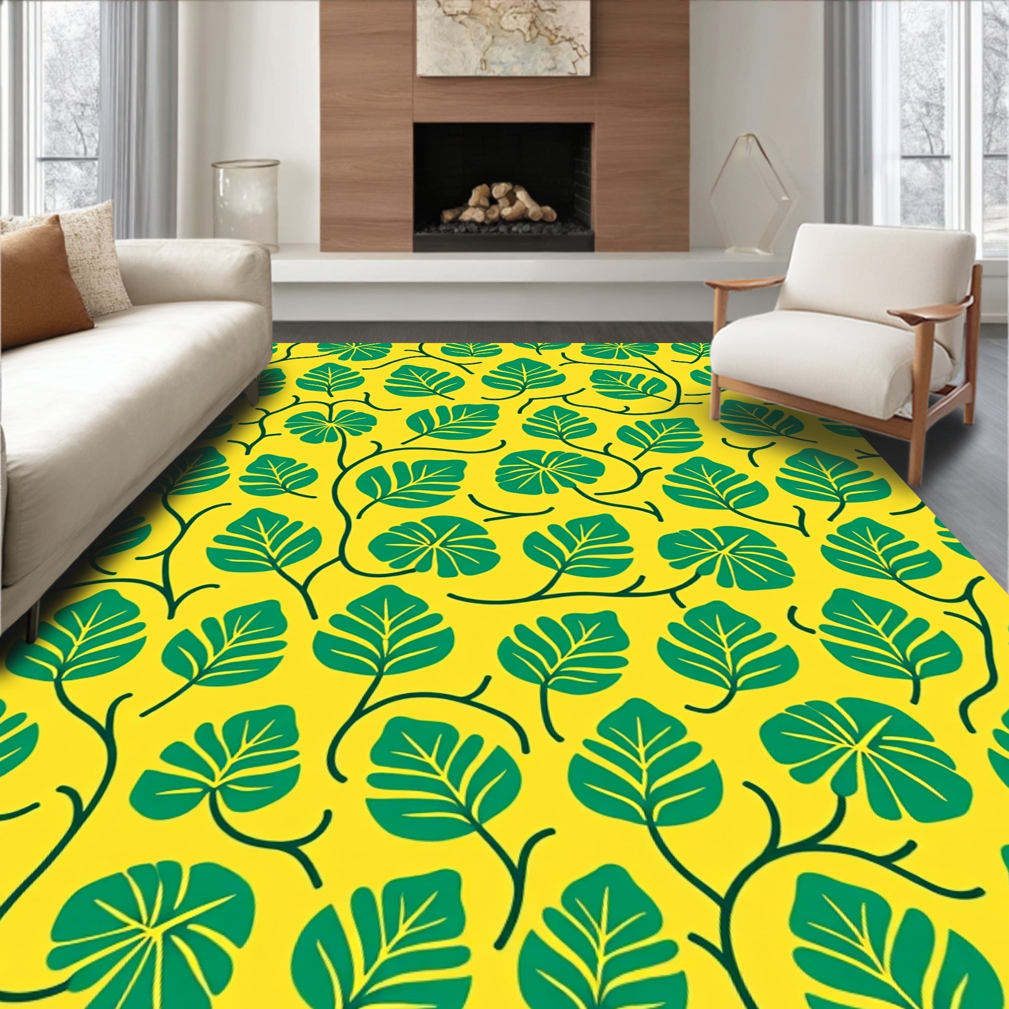 Bold Green Leaf Vines Yellow Rug