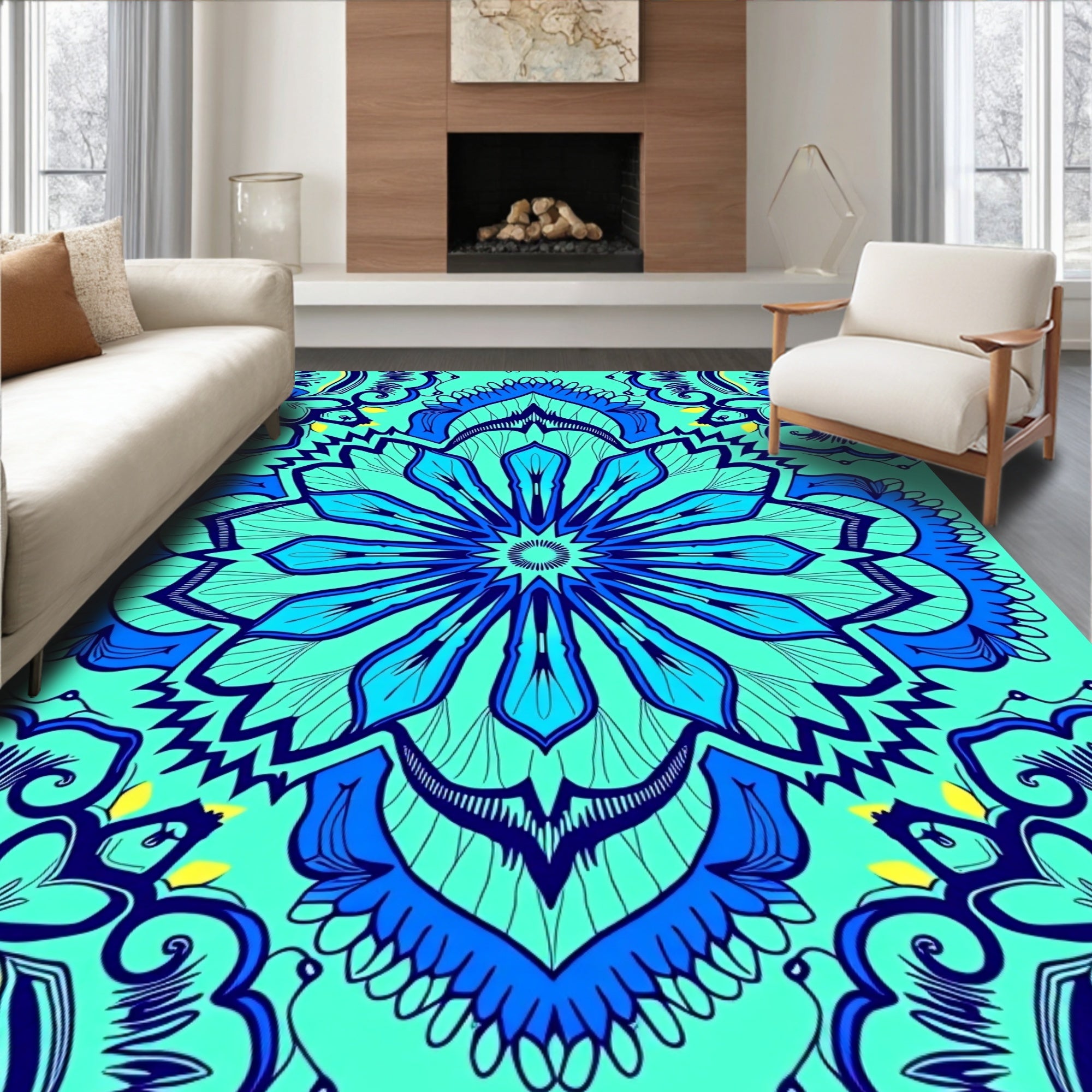 Turquoise Blue Intricate Floral Medallion Rug