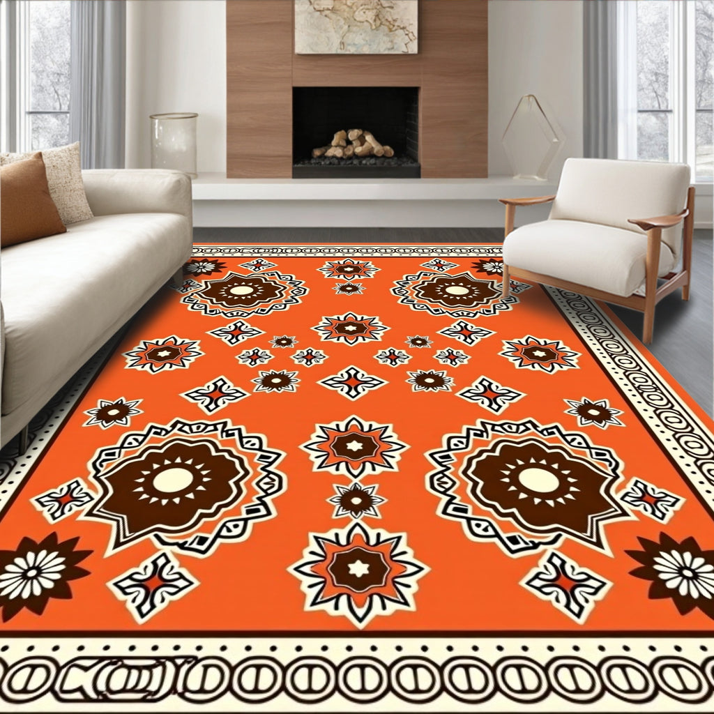Bright Orange Floral Medallion Frame Rug