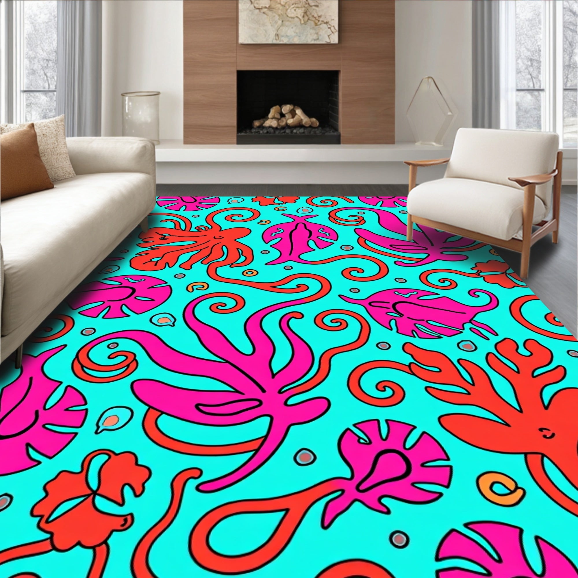 Vibrant Pink Octopus Coral Swirls Rug