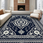 Navy Ivory Floral Medallion Border Rug