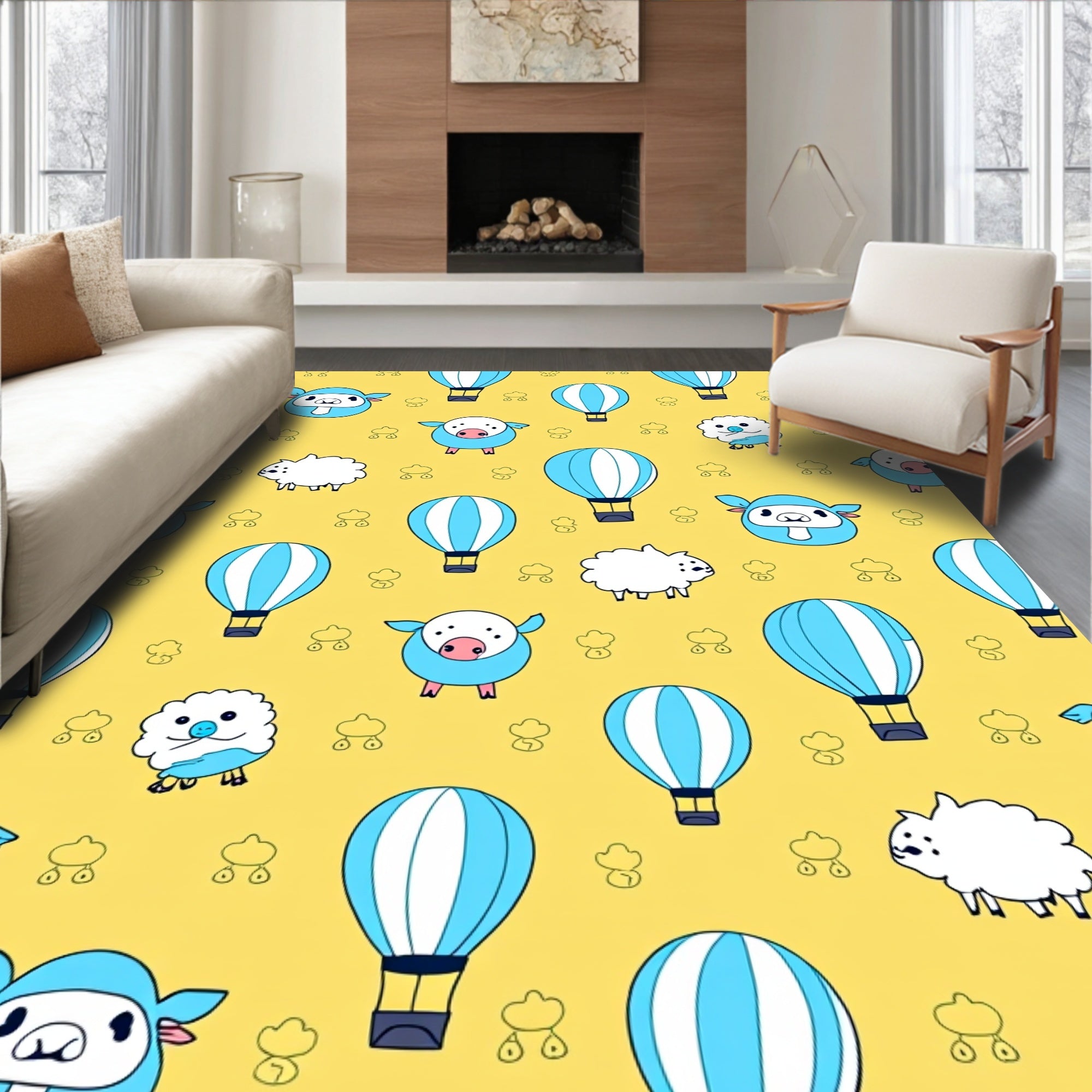 Playful Sheep Hot Air Balloon Adventure Rug