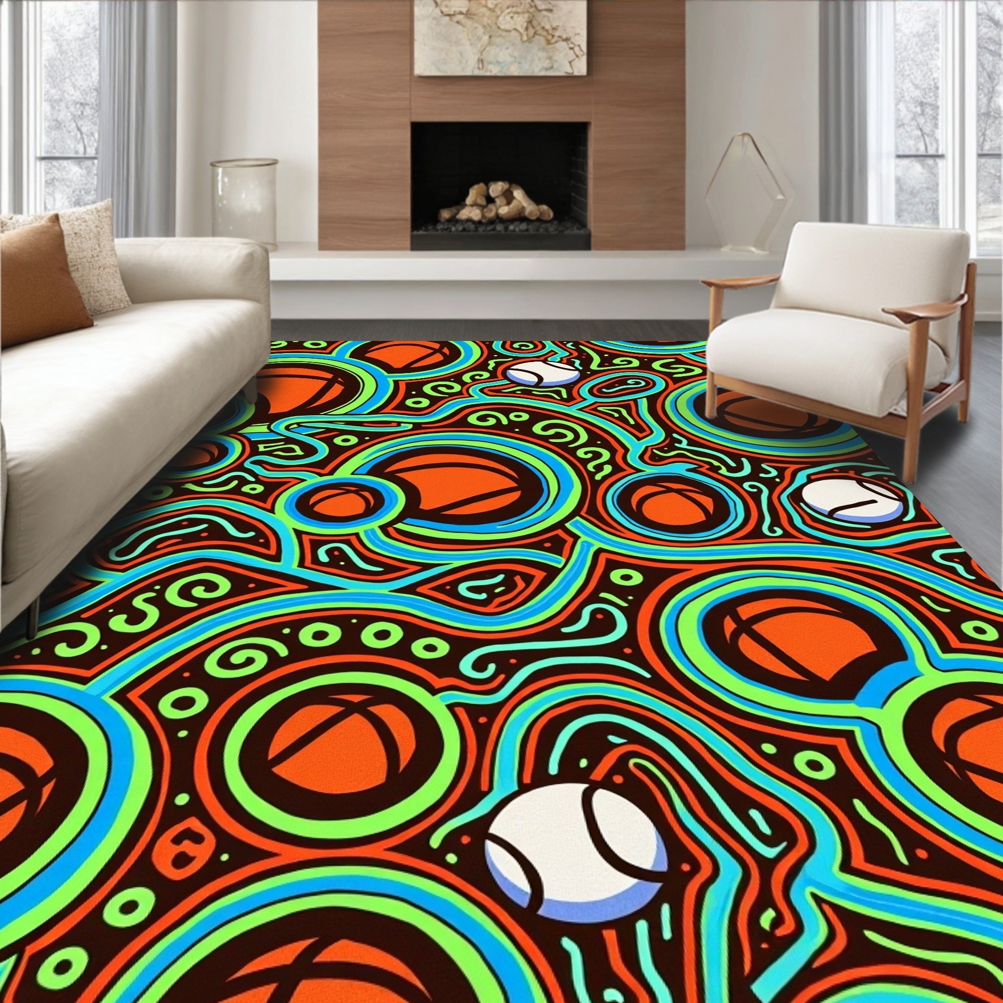Vibrant Orange Teal Swirl Basketball Rug