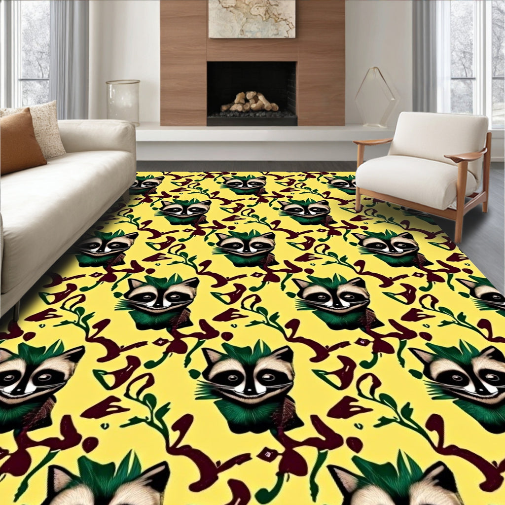Whimsical Raccoon Yellow Abstract Swirls Rug