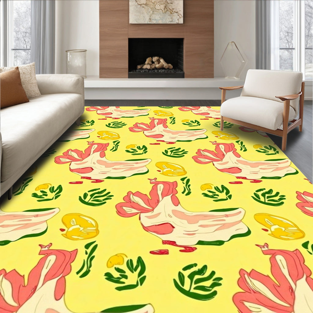 Yellow Pink Rooster Garden Medallion Rug