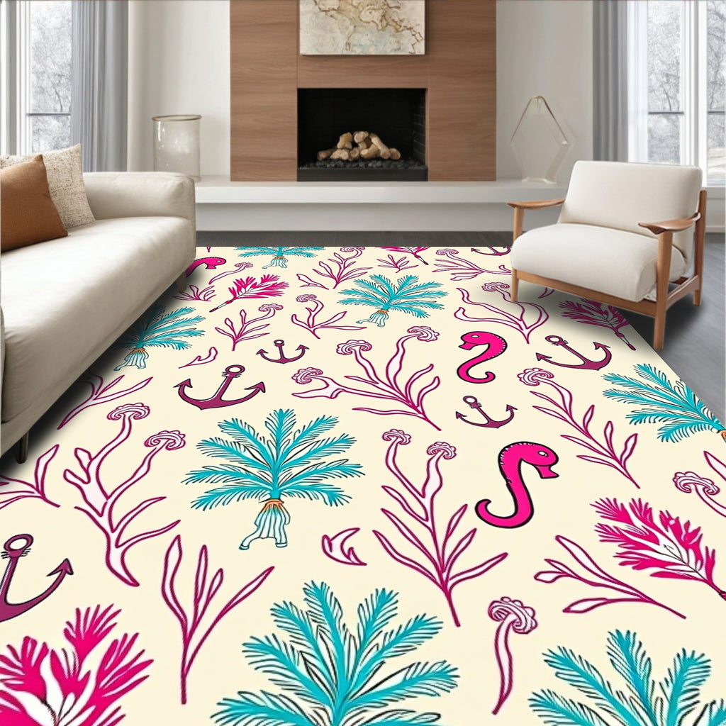 Whimsical Ocean Life Coral Seahorse Anchors Rug
