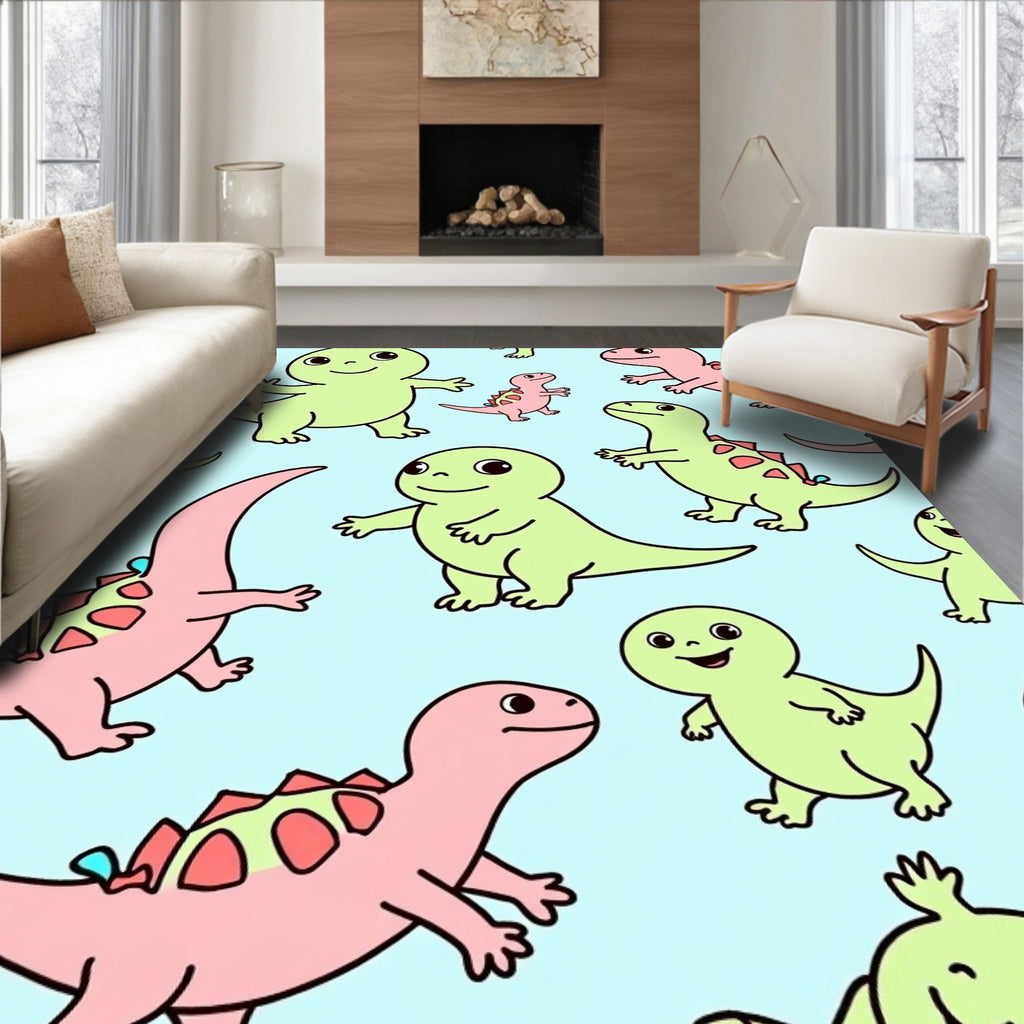 Playful Pink Green Dinosaur Repeat Rug