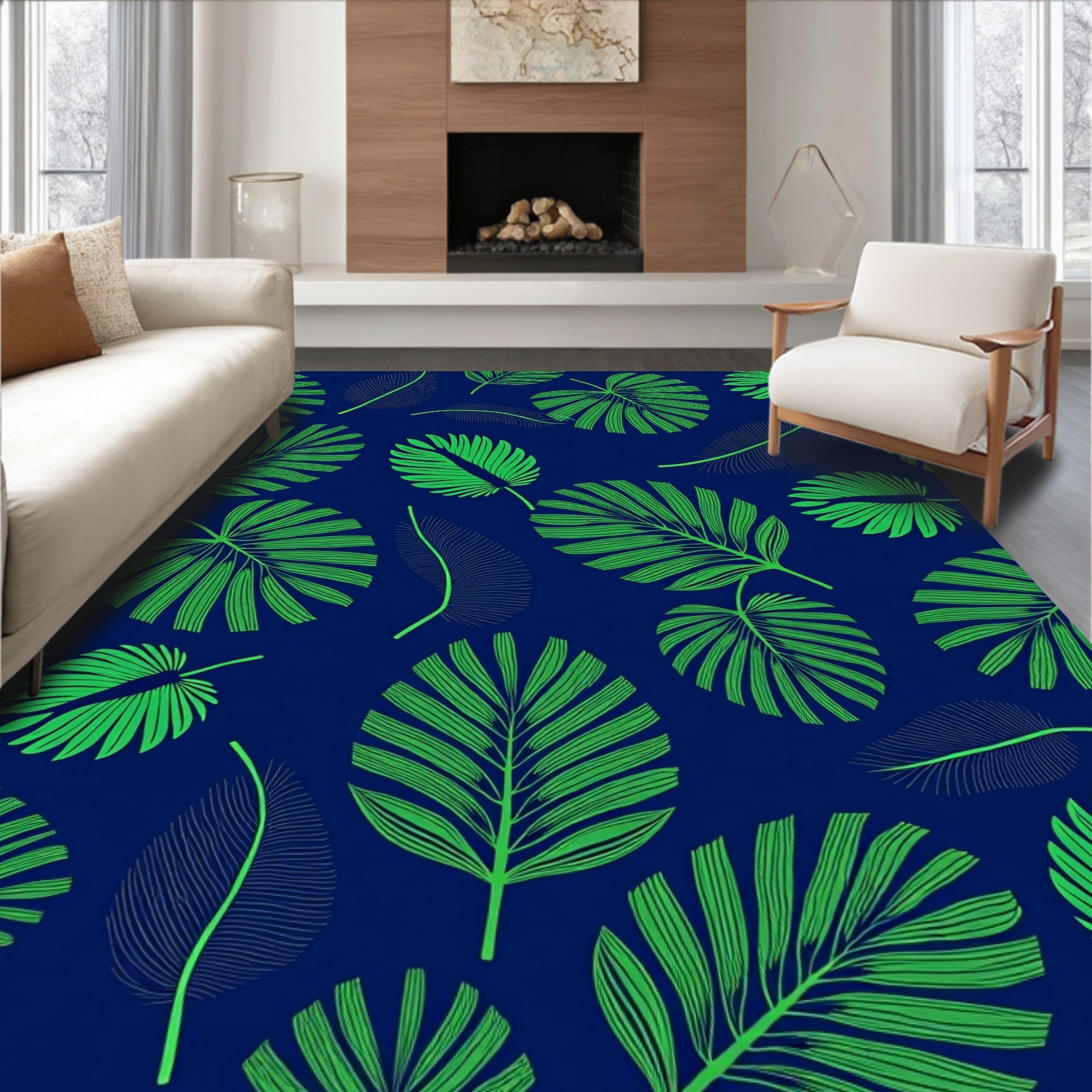 Vibrant Green Tropical Fern Leaves Navy Rug