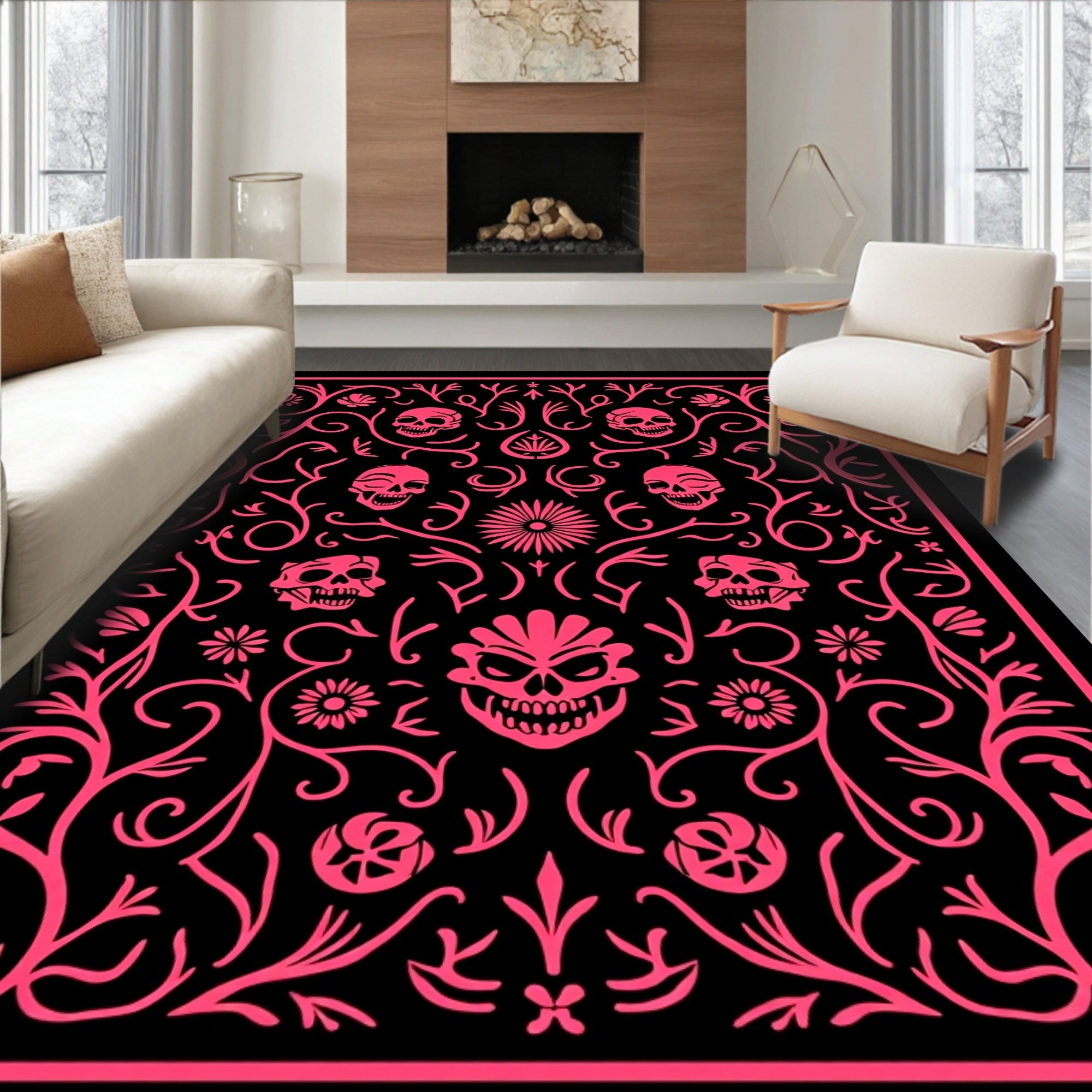 Pink Skulls Floral Vines Arrangement Rug