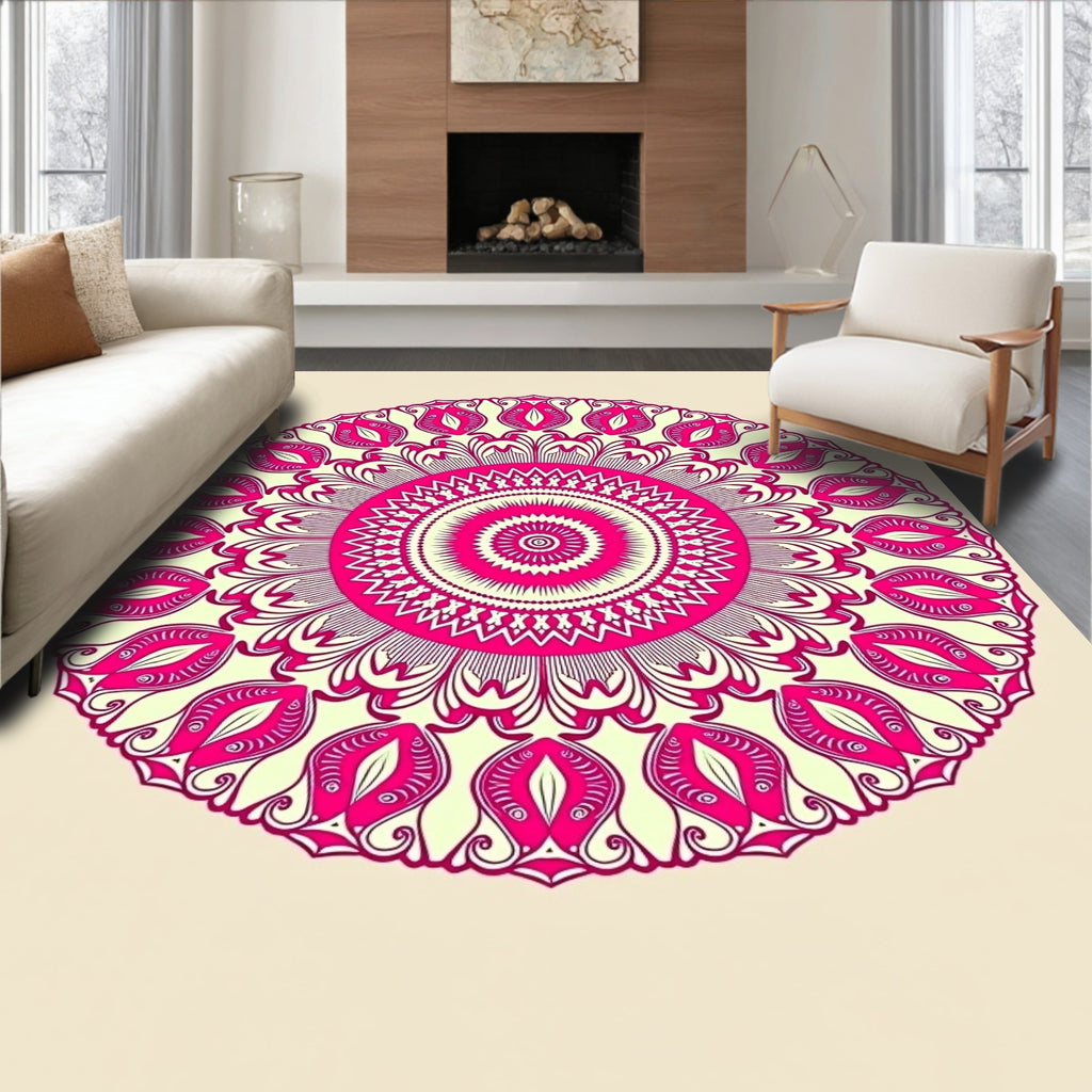 Vibrant Pink Mandala Circular Motif Rug