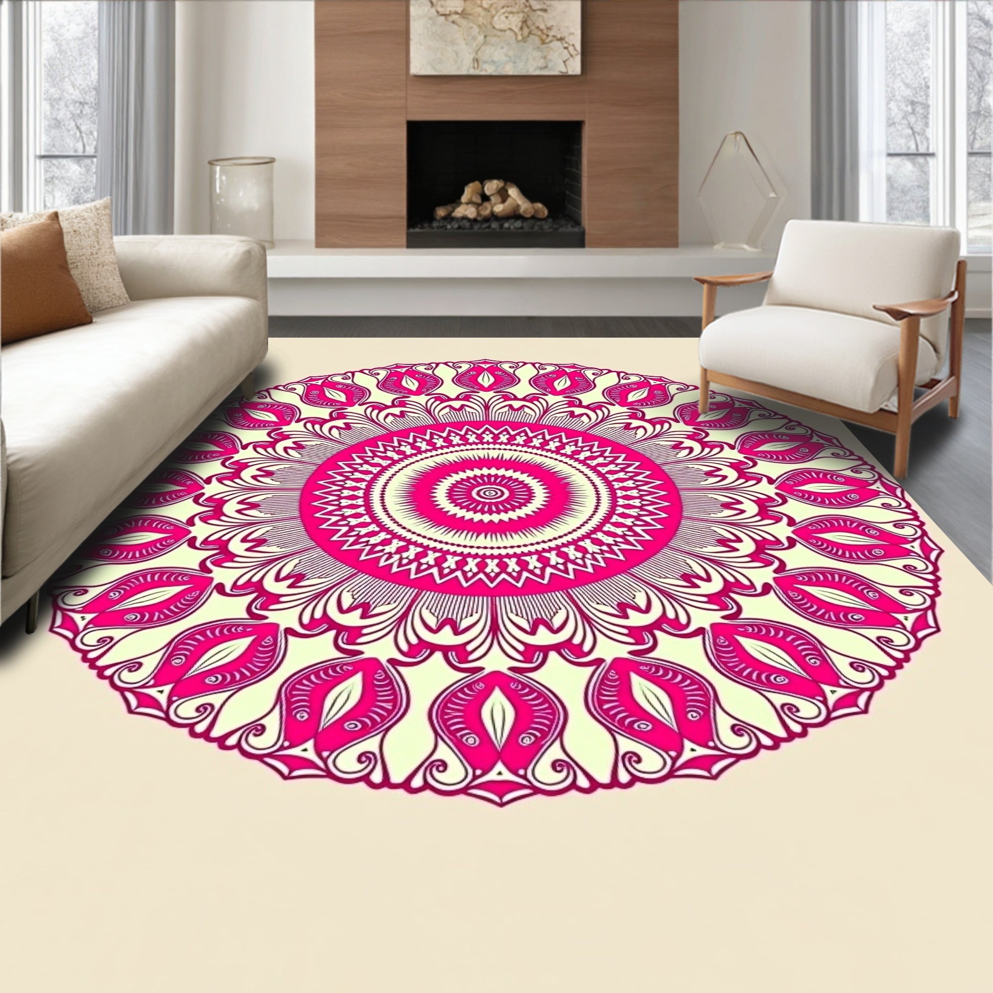 Vibrant Pink Mandala Circular Motif Rug