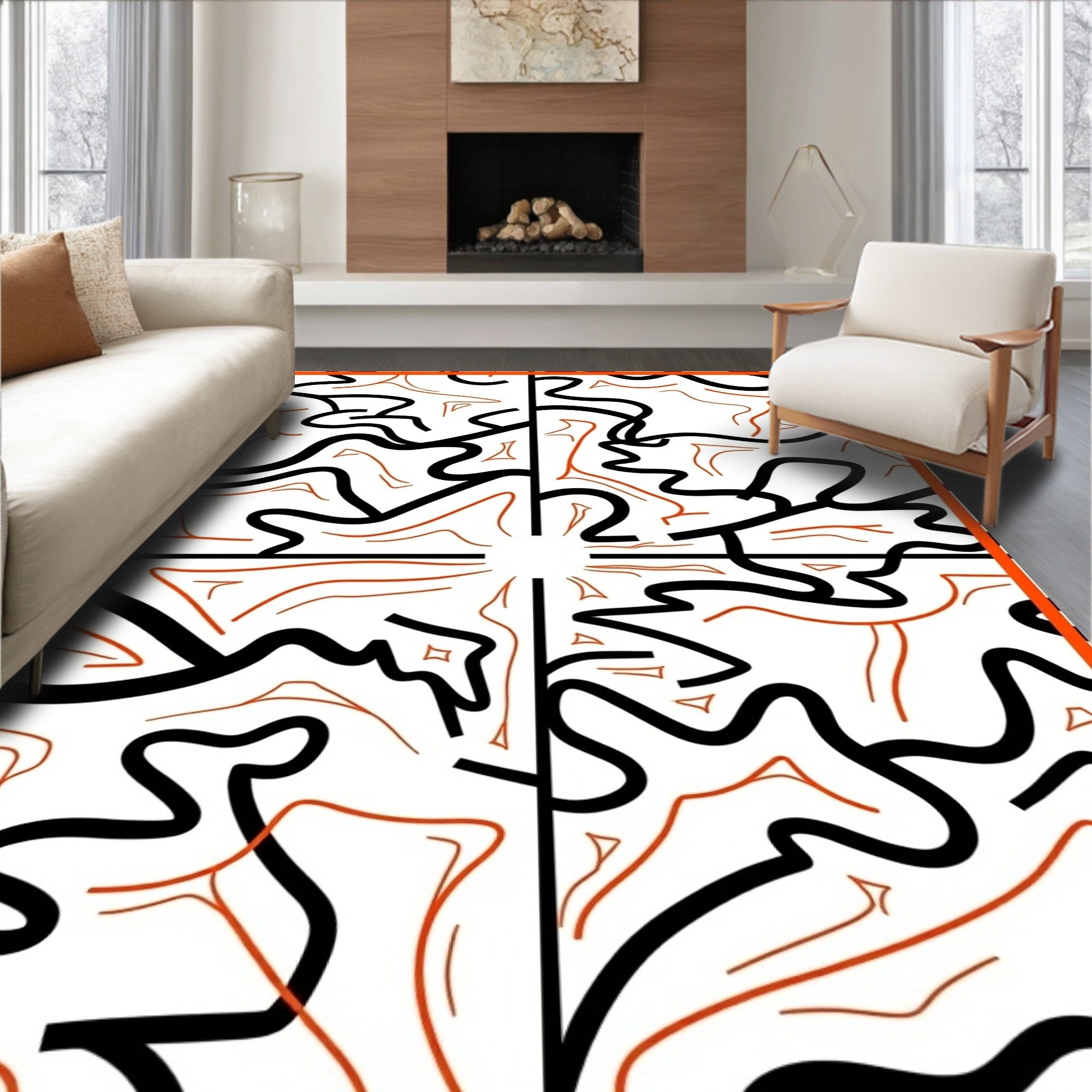 Bold Orange Black Wavy Abstract Rug
