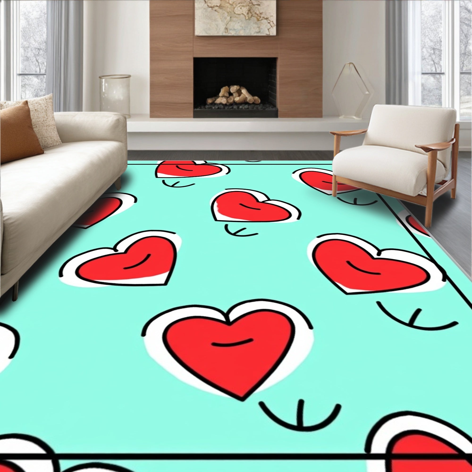 Red Heart Outline Aqua Background Rug