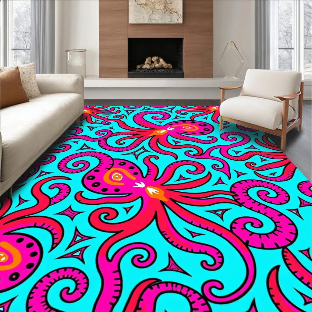 Vibrant Pink Octopus Swirls Aqua Rug