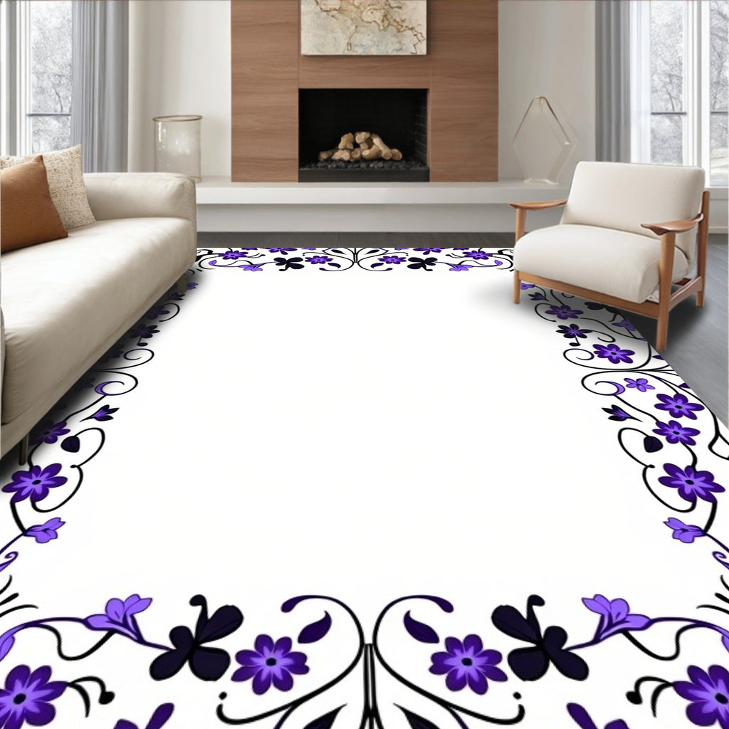 Elegant Purple Floral Vine Border Rug