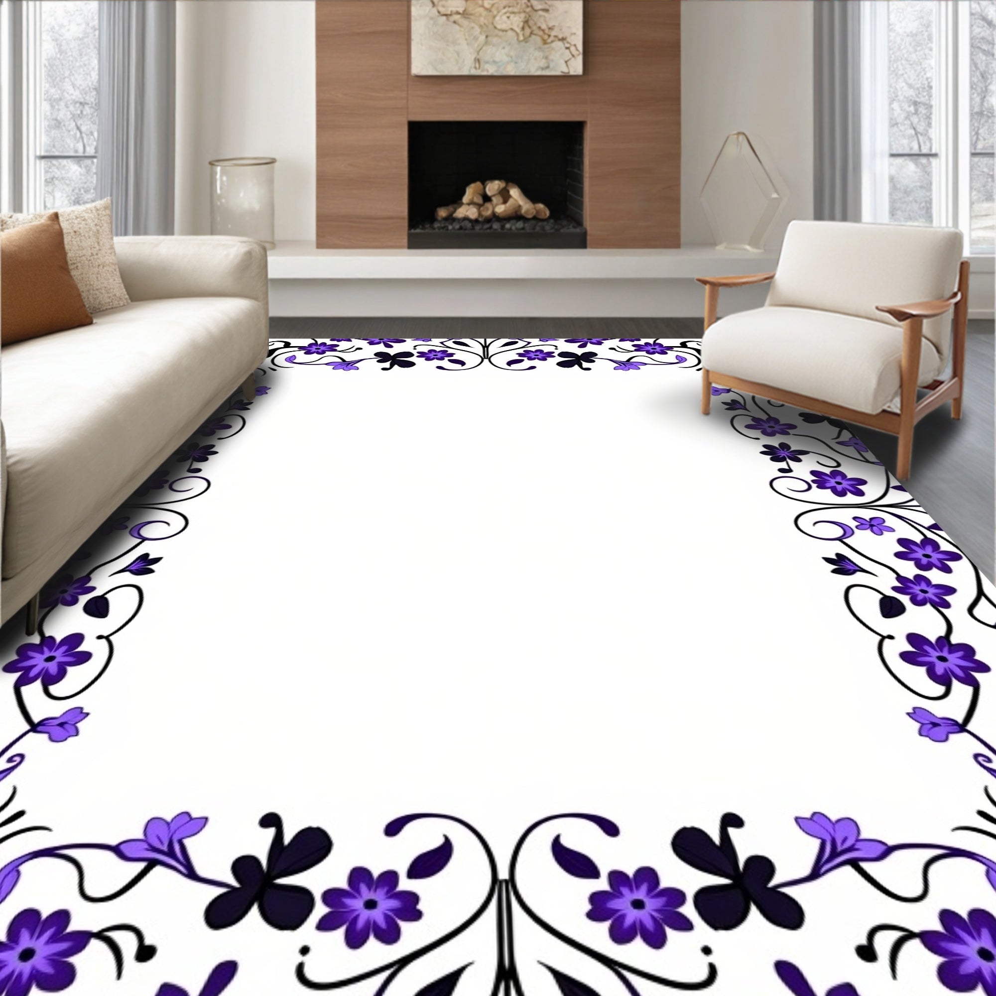 Elegant Purple Floral Vine Border Rug