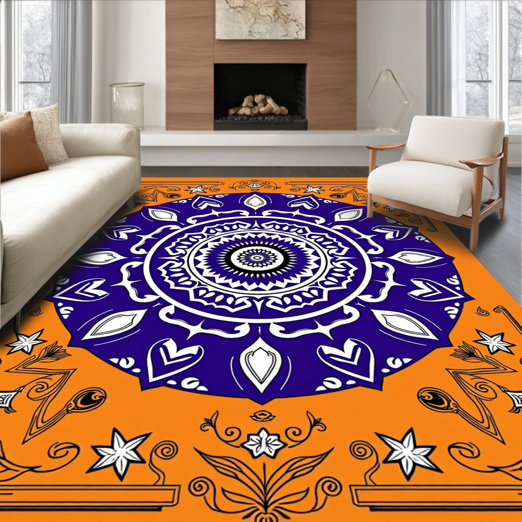 Vibrant Orange Indigo Mandala Stars Rug