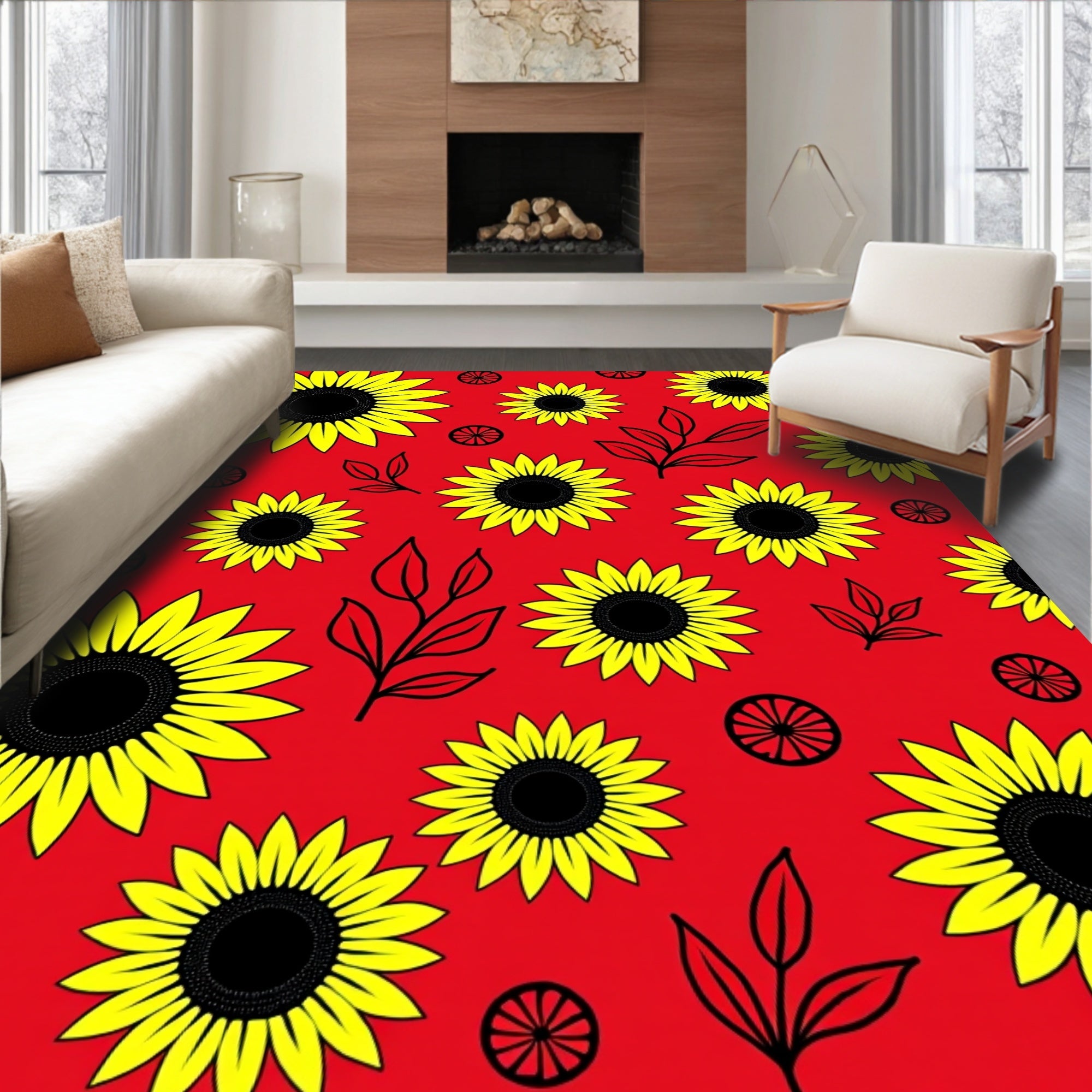 Vibrant Yellow Sunflower Garden Red Rug