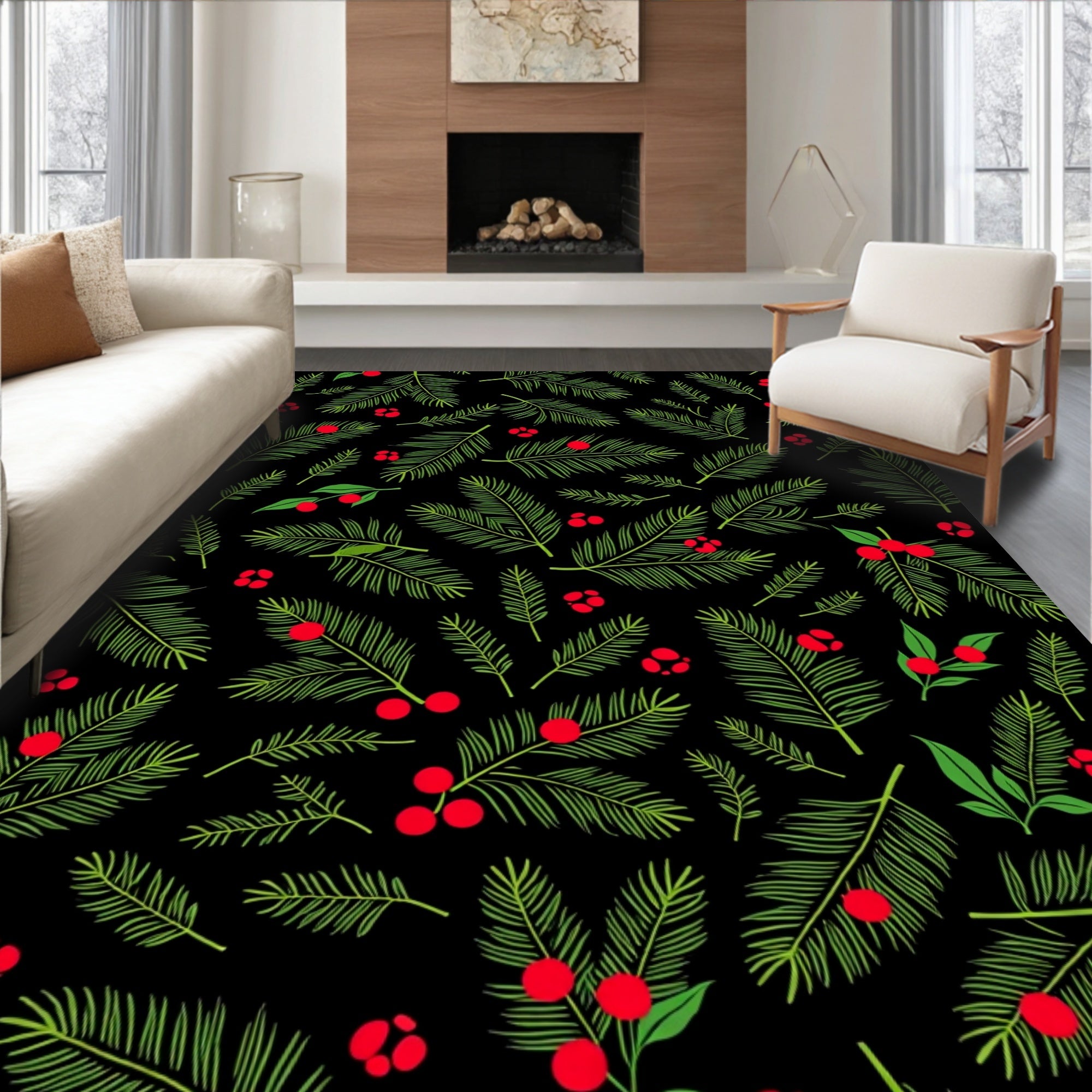 Winter Greenery Red Berry Garland Rug
