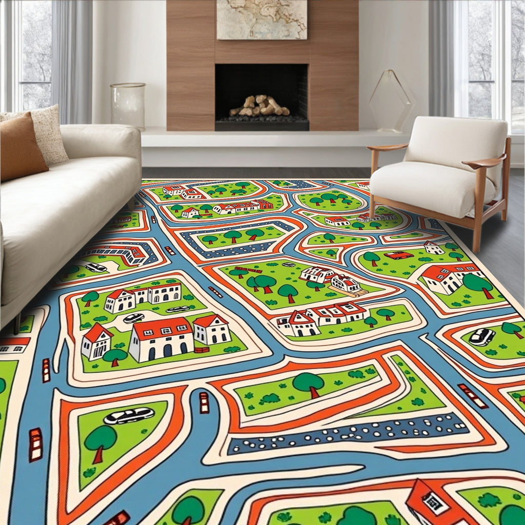 Whimsical City Map Houses Trees Rug