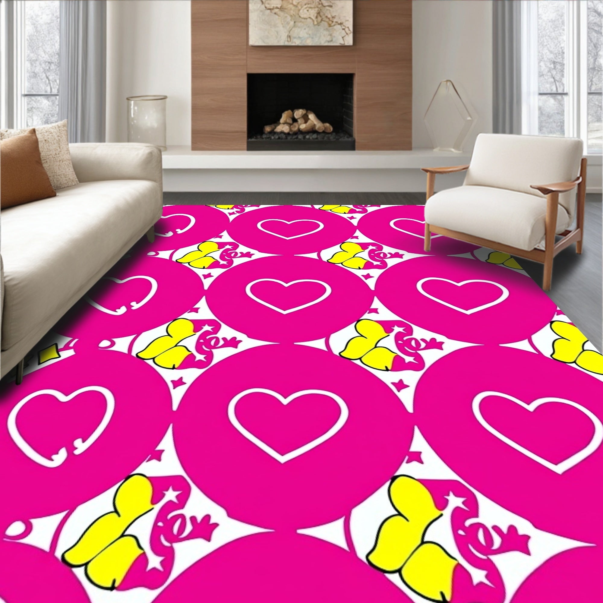 Pink Heart Circles Yellow Swirls Rug