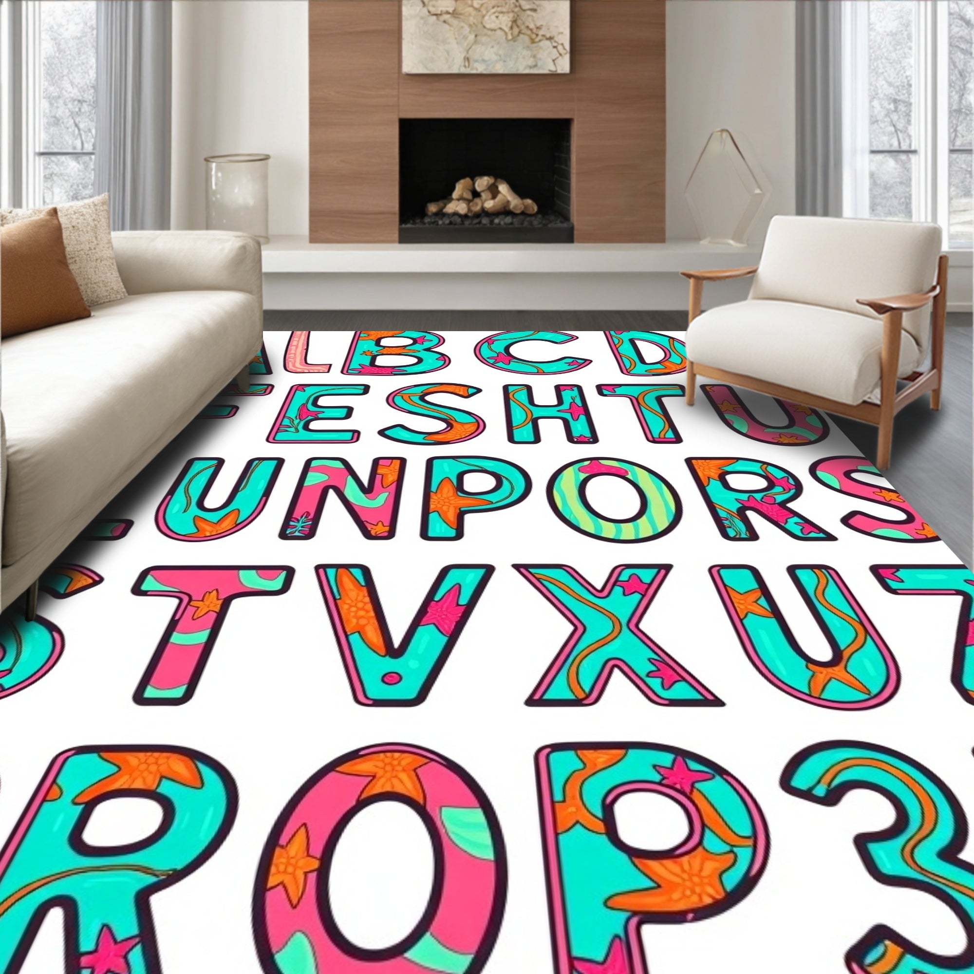 Aqua Pink Coral Sea Star Alphabet Rug