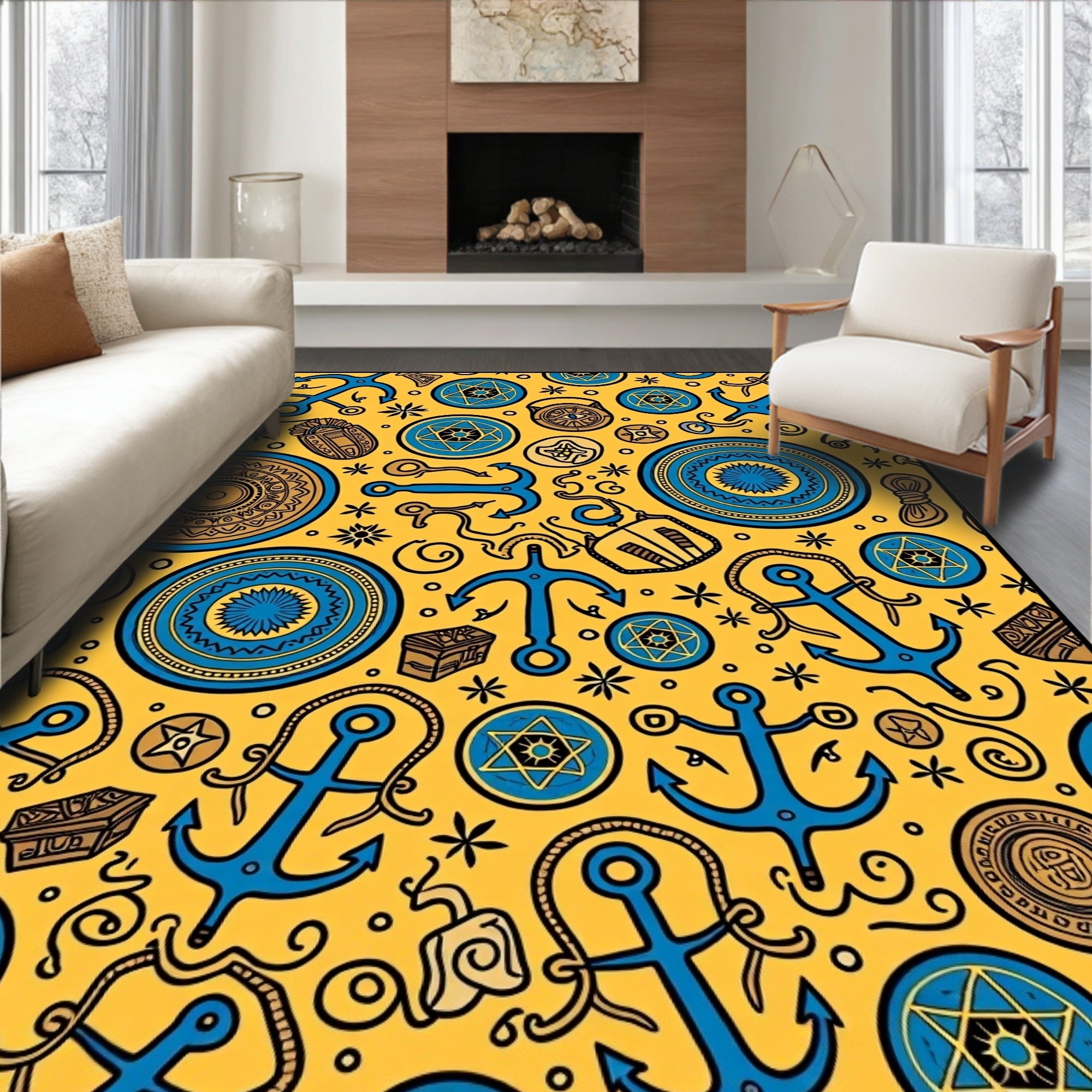 Nautical Blue Anchors Yellow Medallion Rug