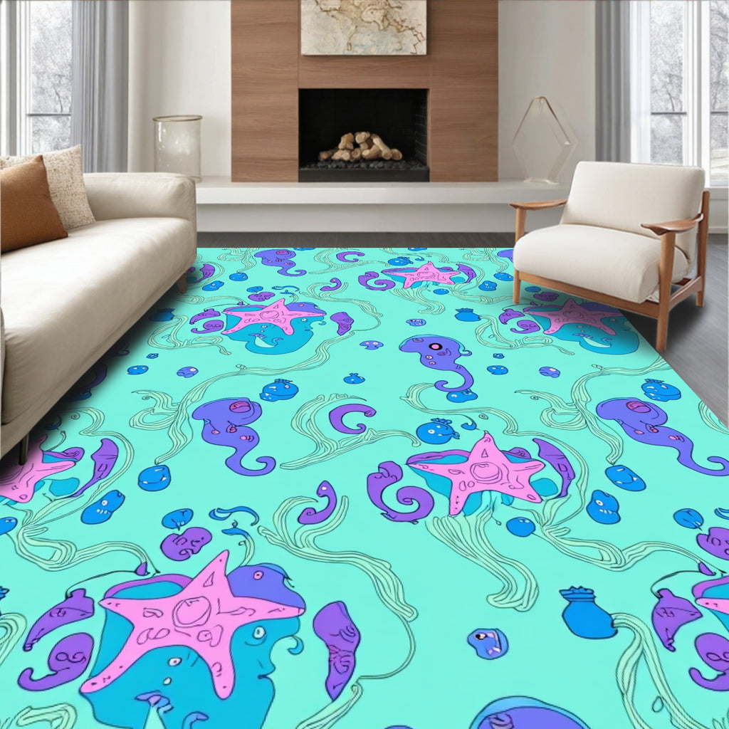 Whimsical Teal Undersea Starfish Swirl Rug