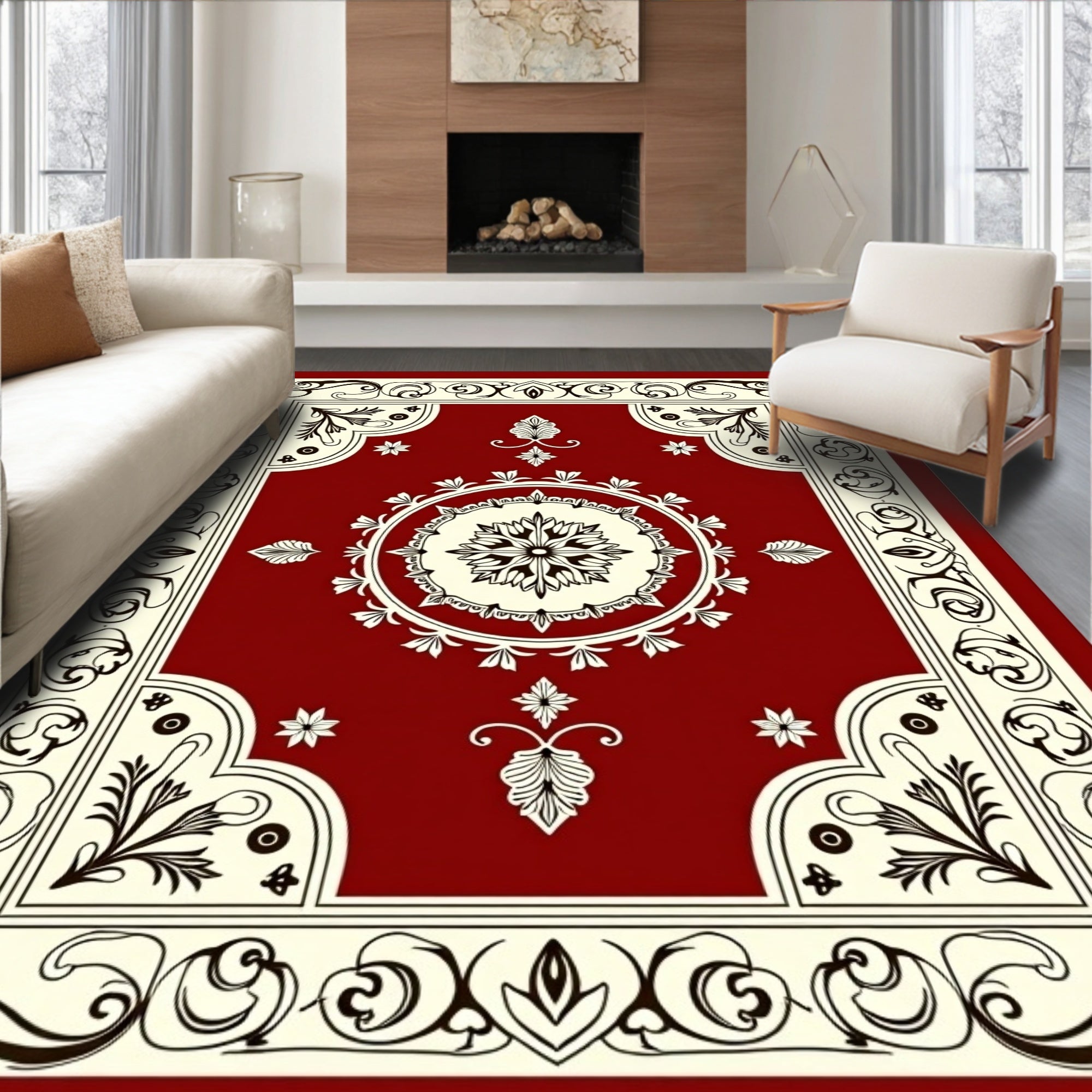 Crimson Ornamental Bloom Centered Rug
