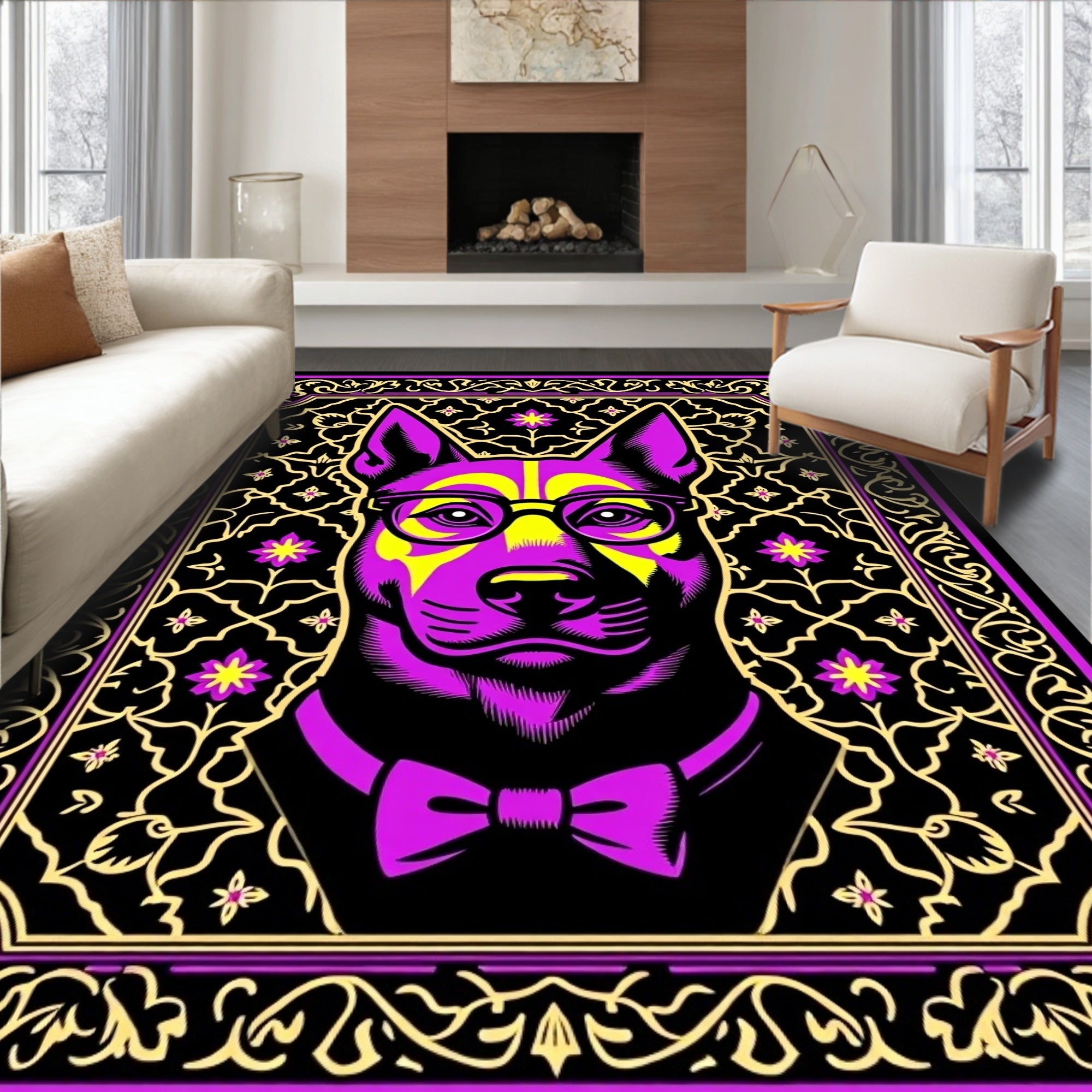 Vibrant Purple Yellow Canine Portrait Rug