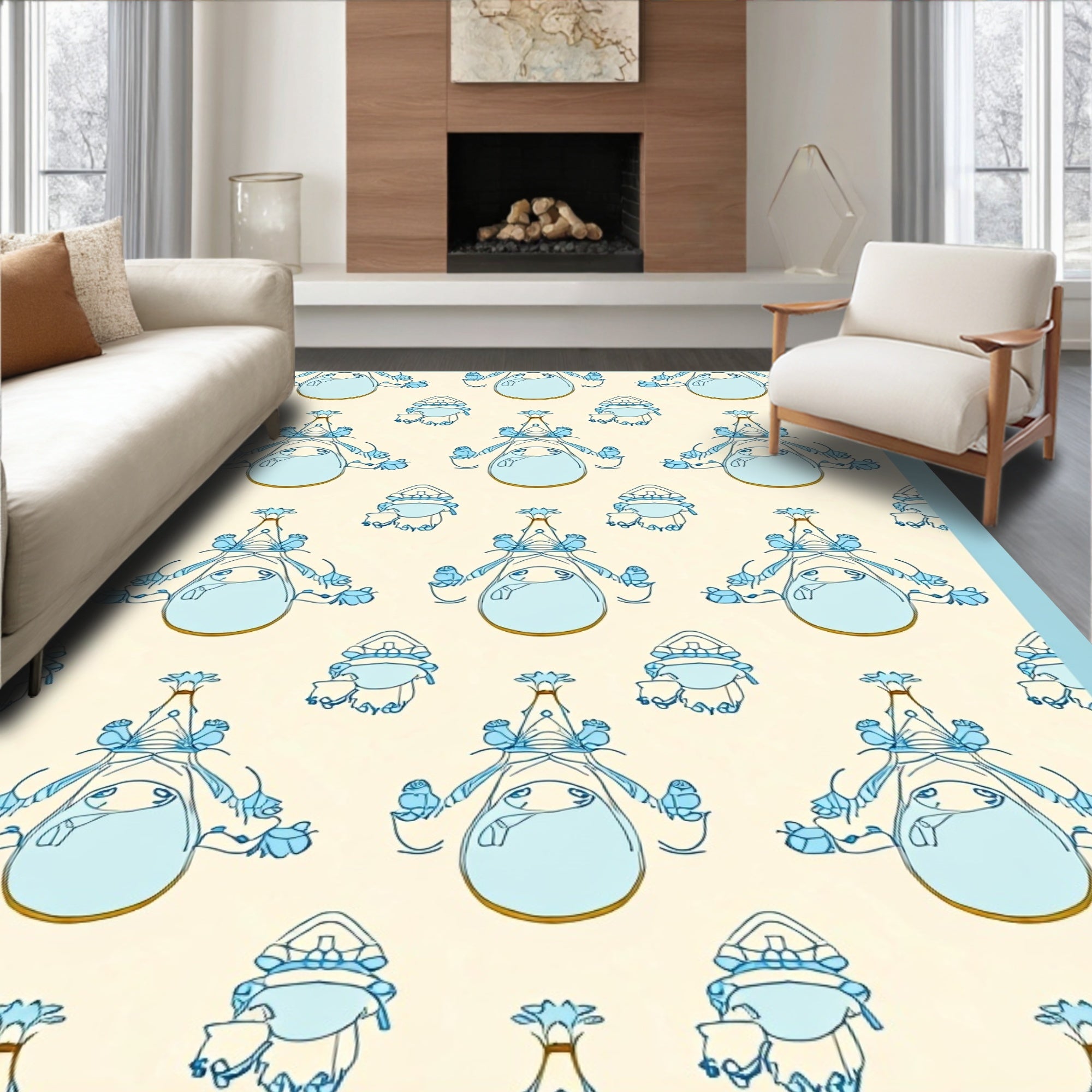 Whimsical Blue Character Repeating Pattern Rug