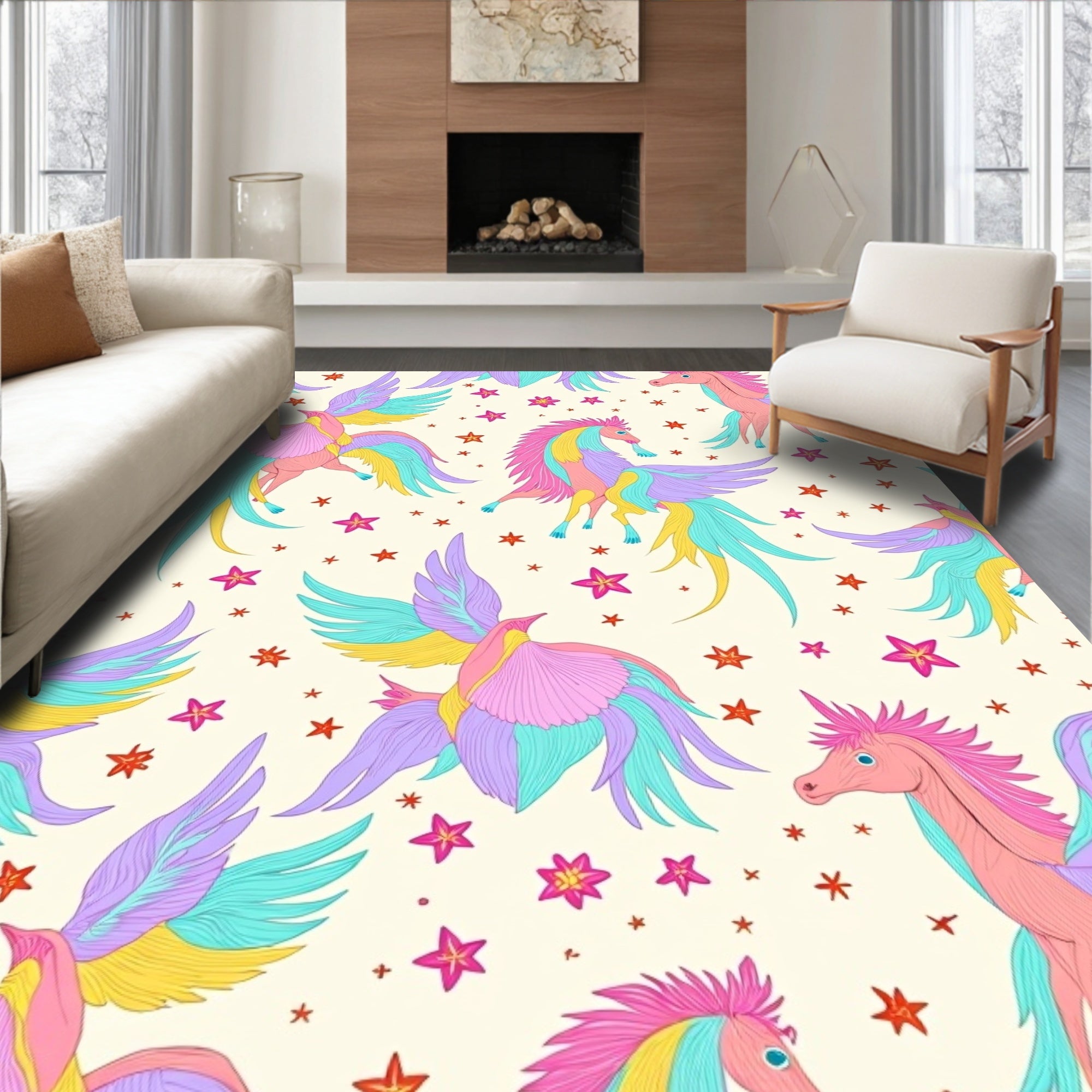 Pastel Pegasus Creatures Surrounded By Stars Rug