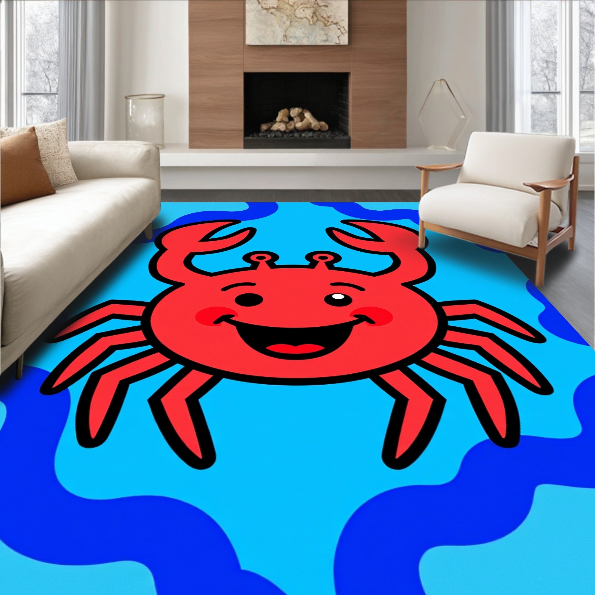 Happy Red Crab Ocean Waves Rug