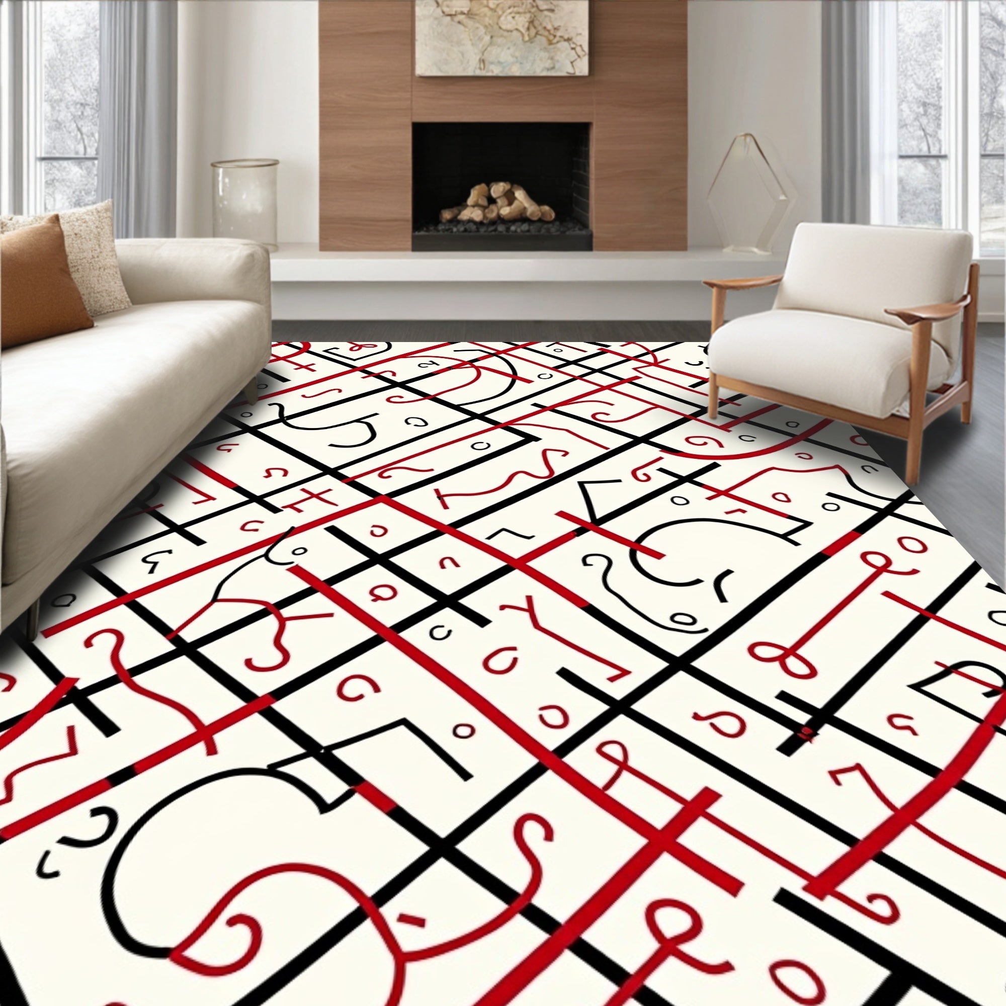 Bold Red Abstract Calligraphy Rug