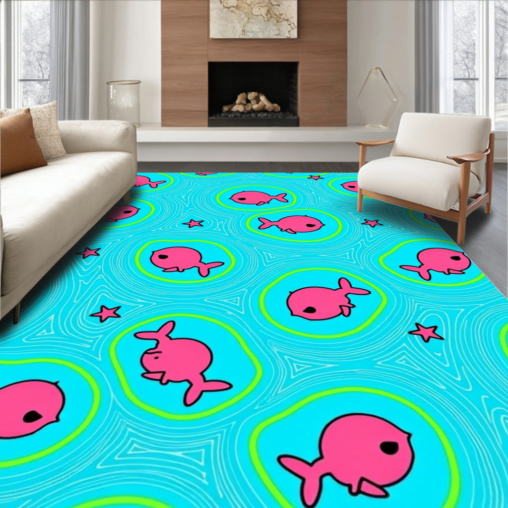 Pink Kawaii Fish Green Circles Cyan Abstract Rug