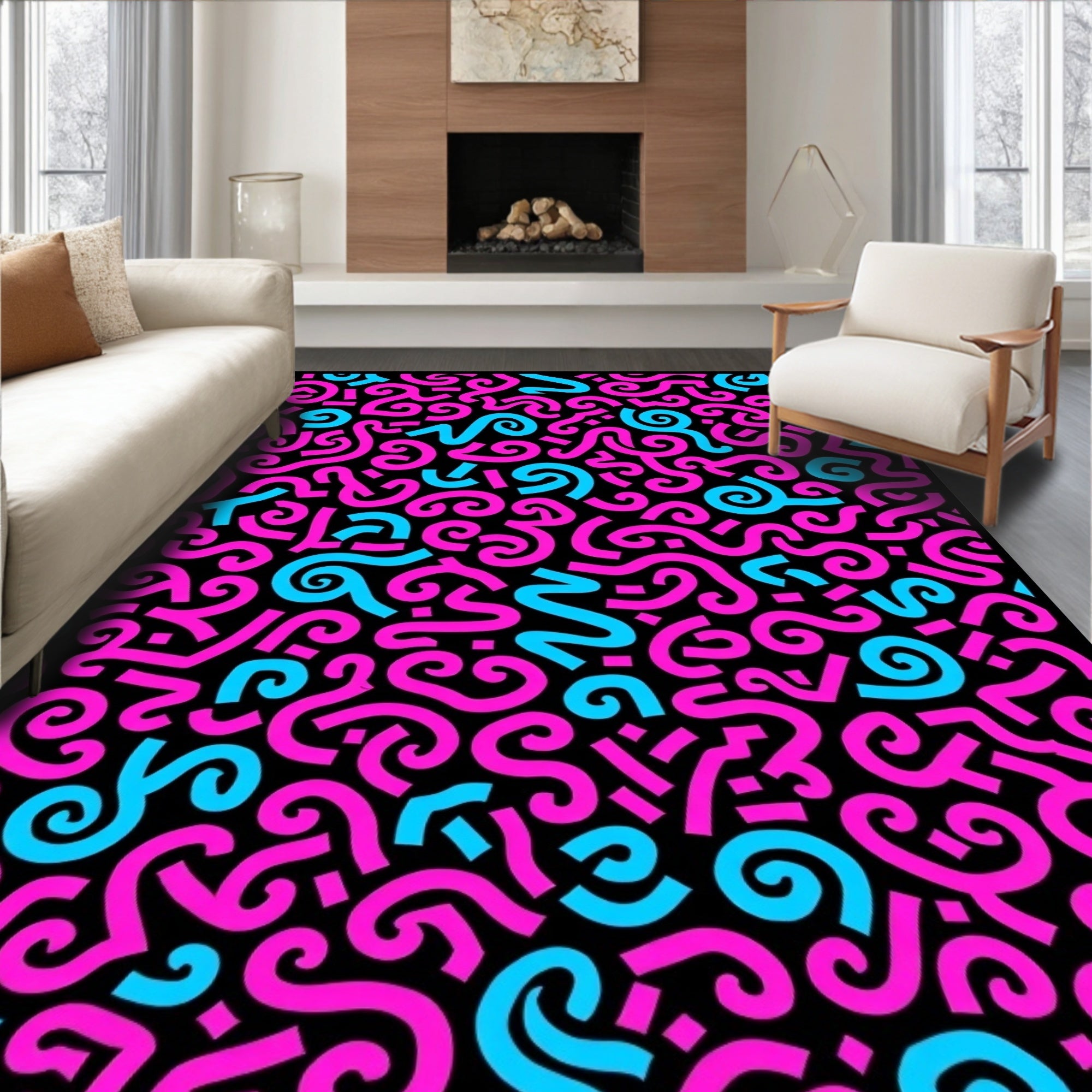Bright Pink Blue Swirls Abstract Rug