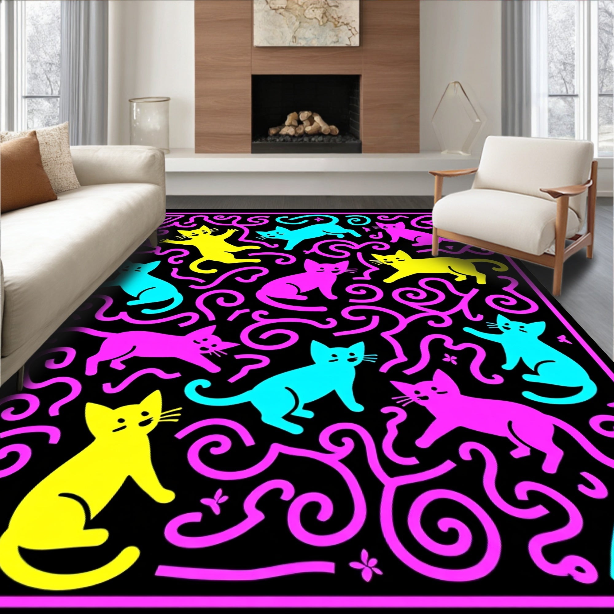 Playful Neon Cats Swirls Rug