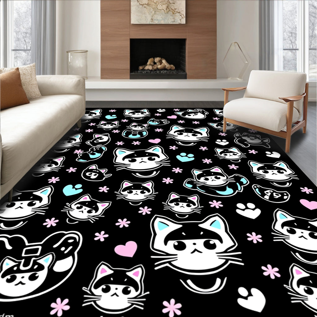 Cute Raccoon Kitten Pastel Flower Rug
