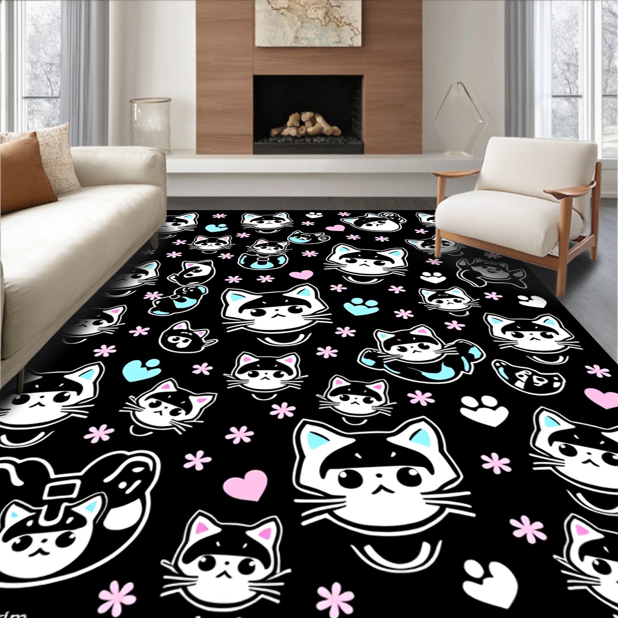 Cute Raccoon Kitten Pastel Flower Rug