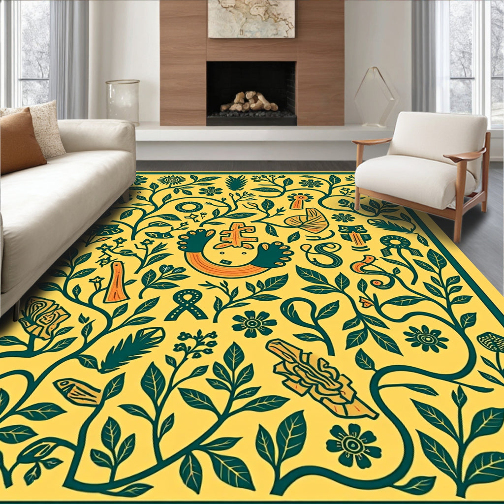 Whimsical Yellow Green Botanical Tapestry Rug