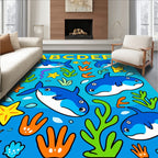 Cute Blue Sharks and Starfish Scene Rug