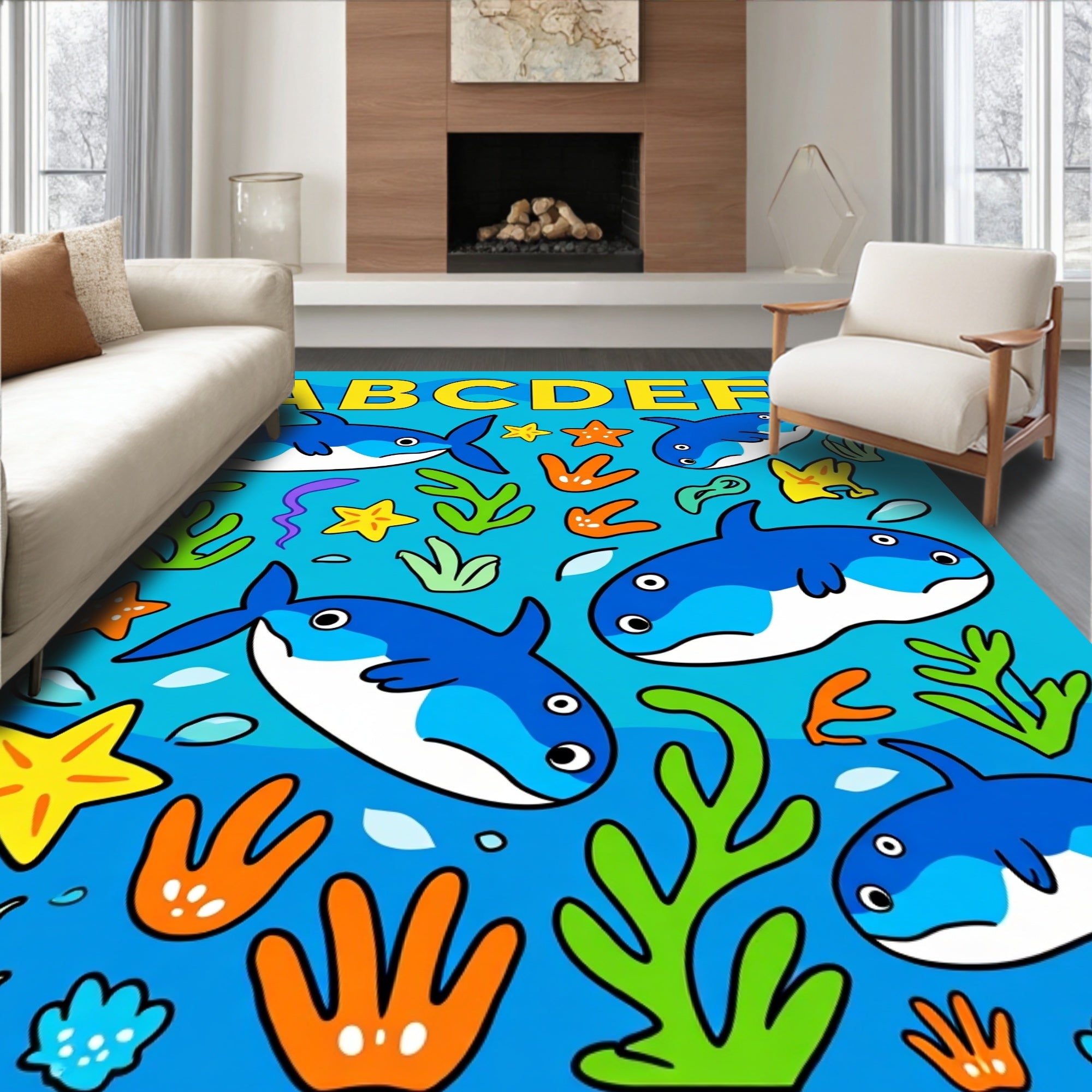Cute Blue Sharks and Starfish Scene Rug